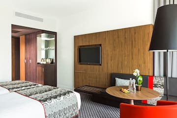 a room with a bed and a table