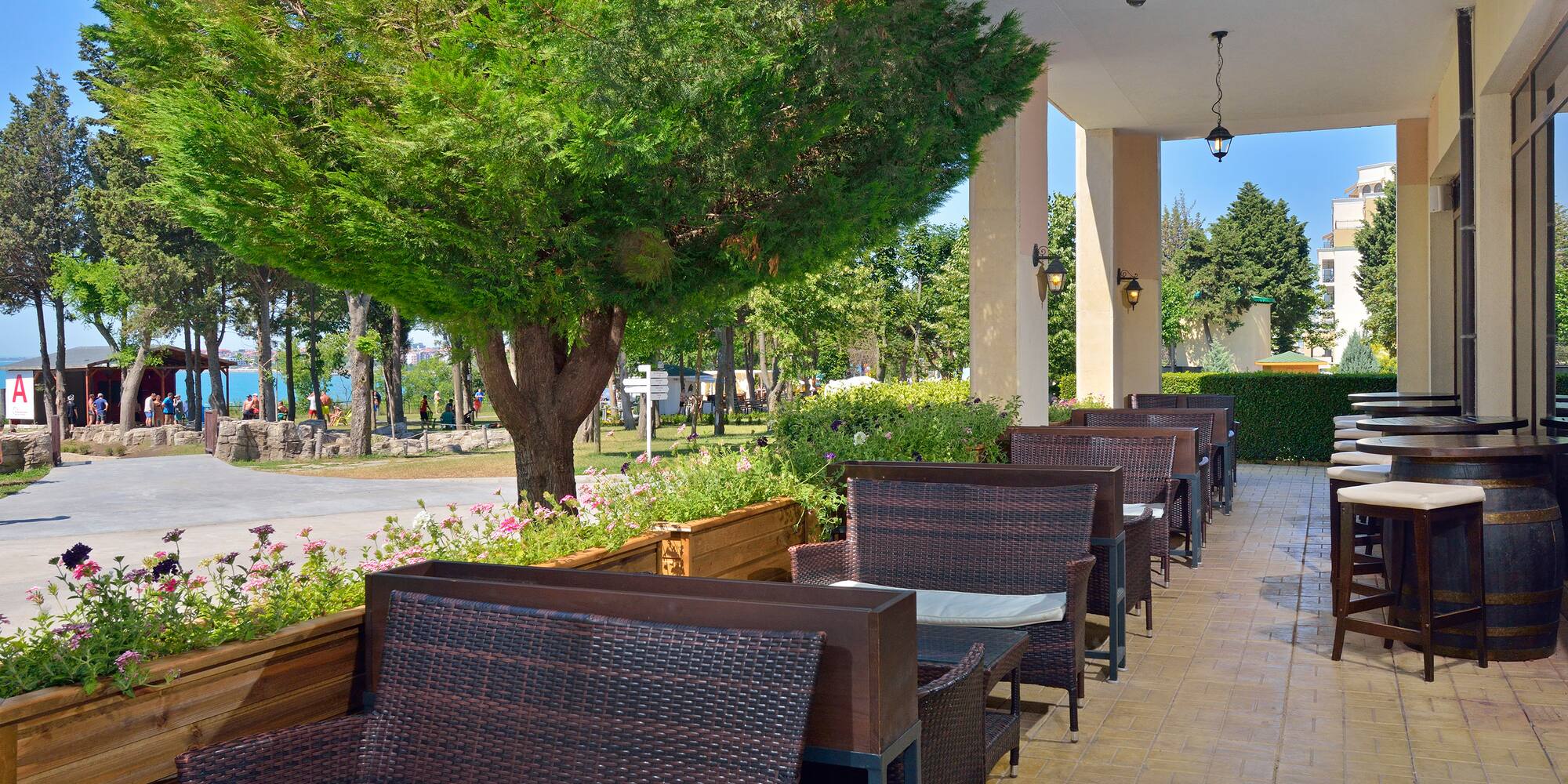 a row of chairs and tables on a patio