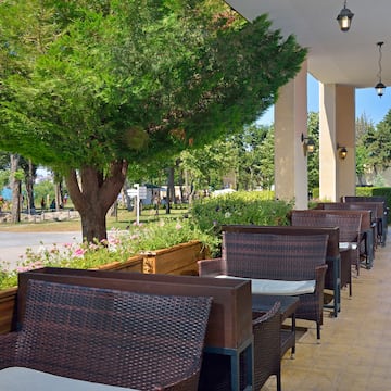 a row of chairs and tables on a patio