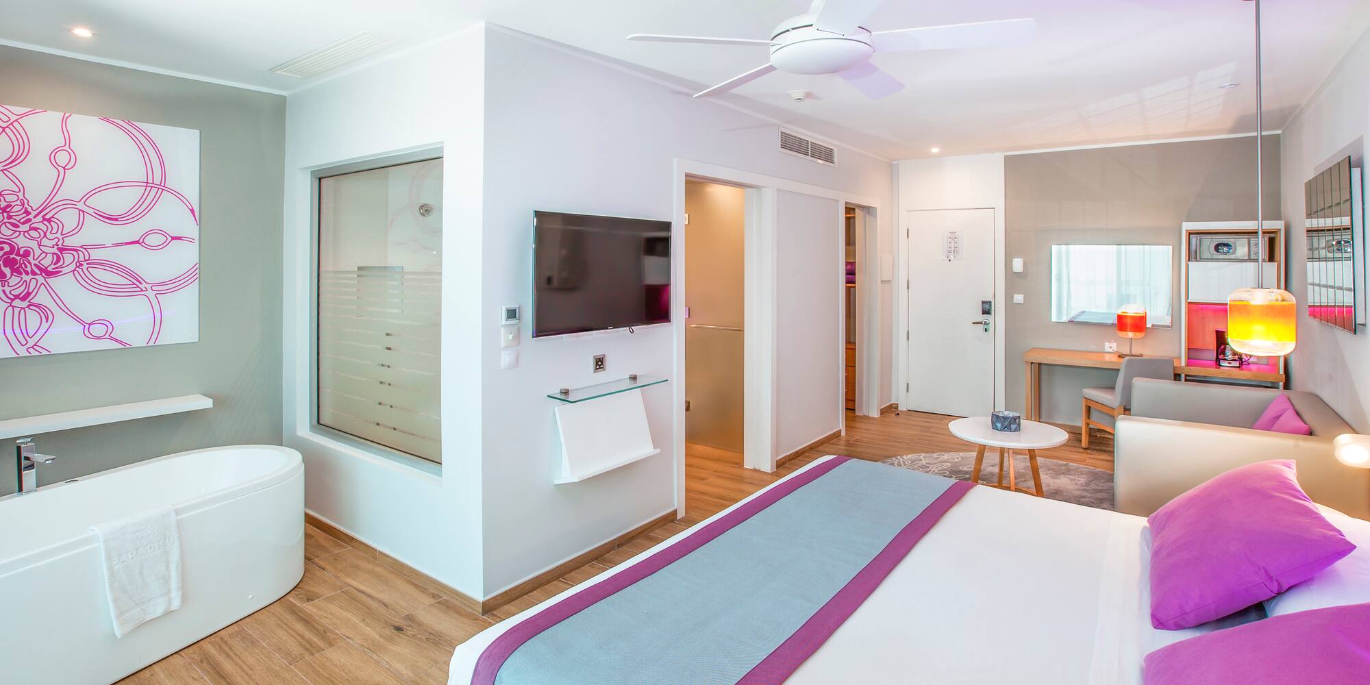 a bedroom with a bed and a television