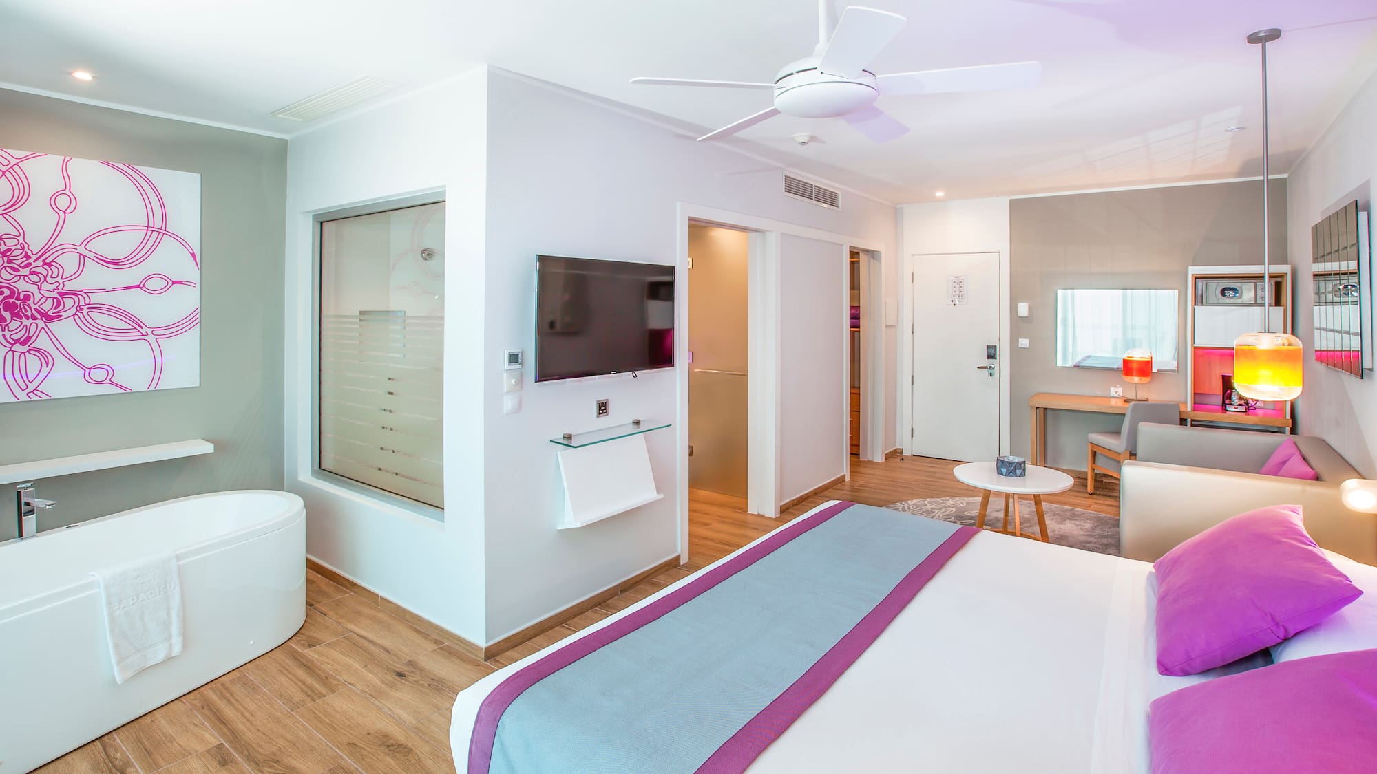 a bedroom with a bed and a television