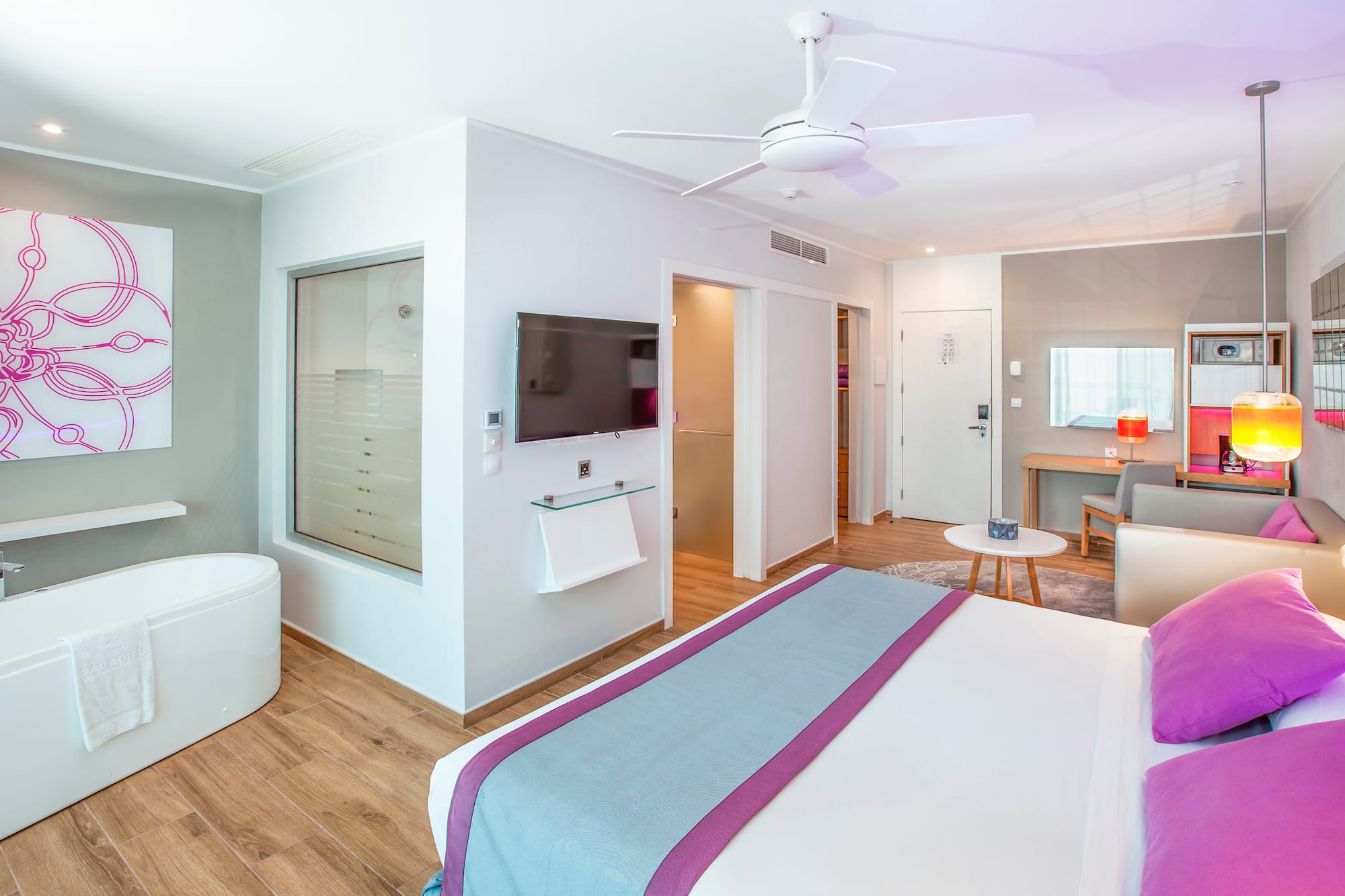 a bedroom with a bed and a television