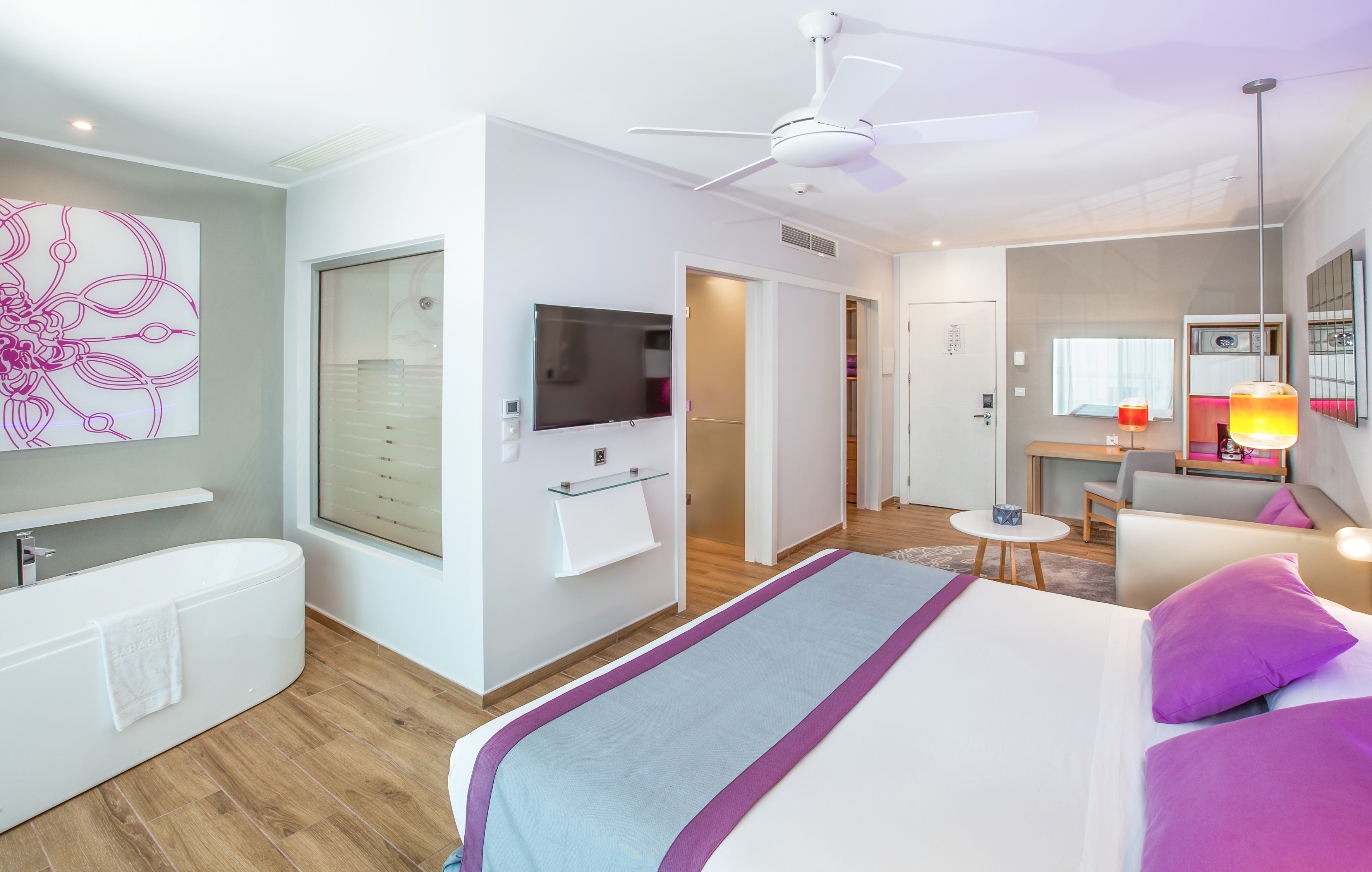 a bedroom with a bed and a television