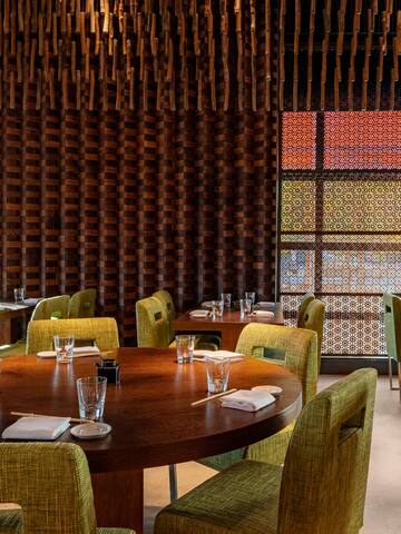 a room with tables and chairs