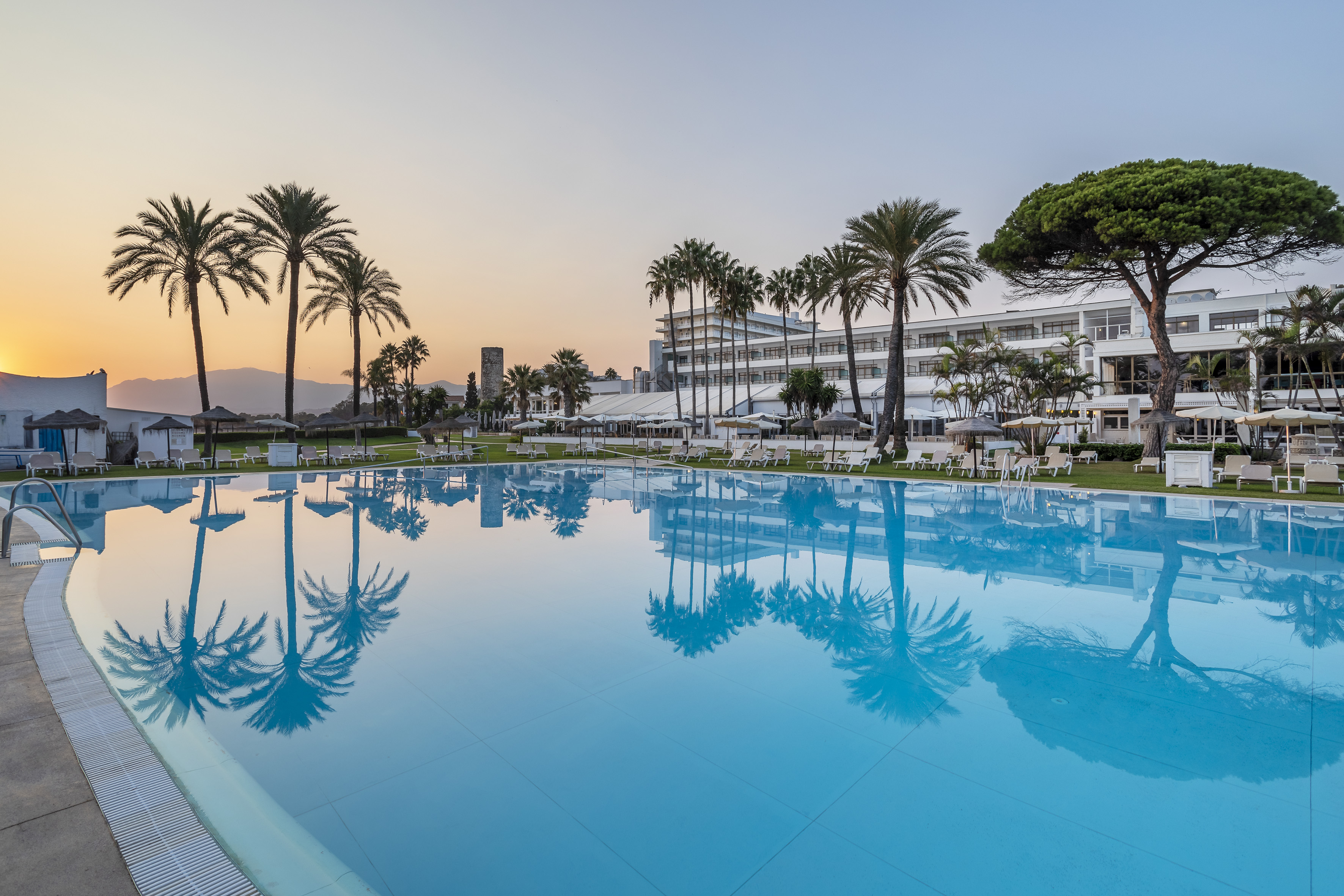 Resort pool with palm trees, hotel building, lounge chairs, and sunset.