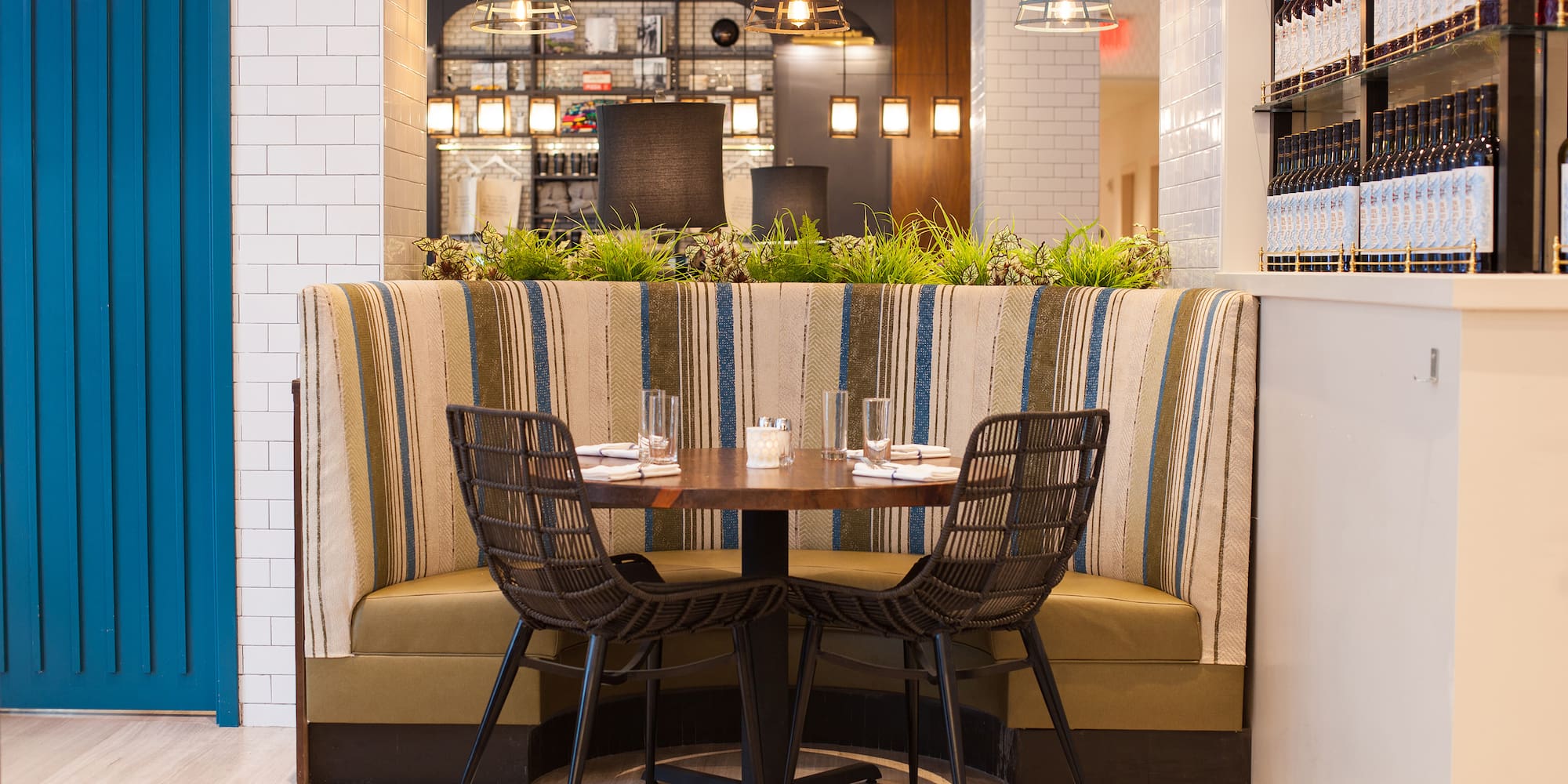 a table and chairs in a restaurant