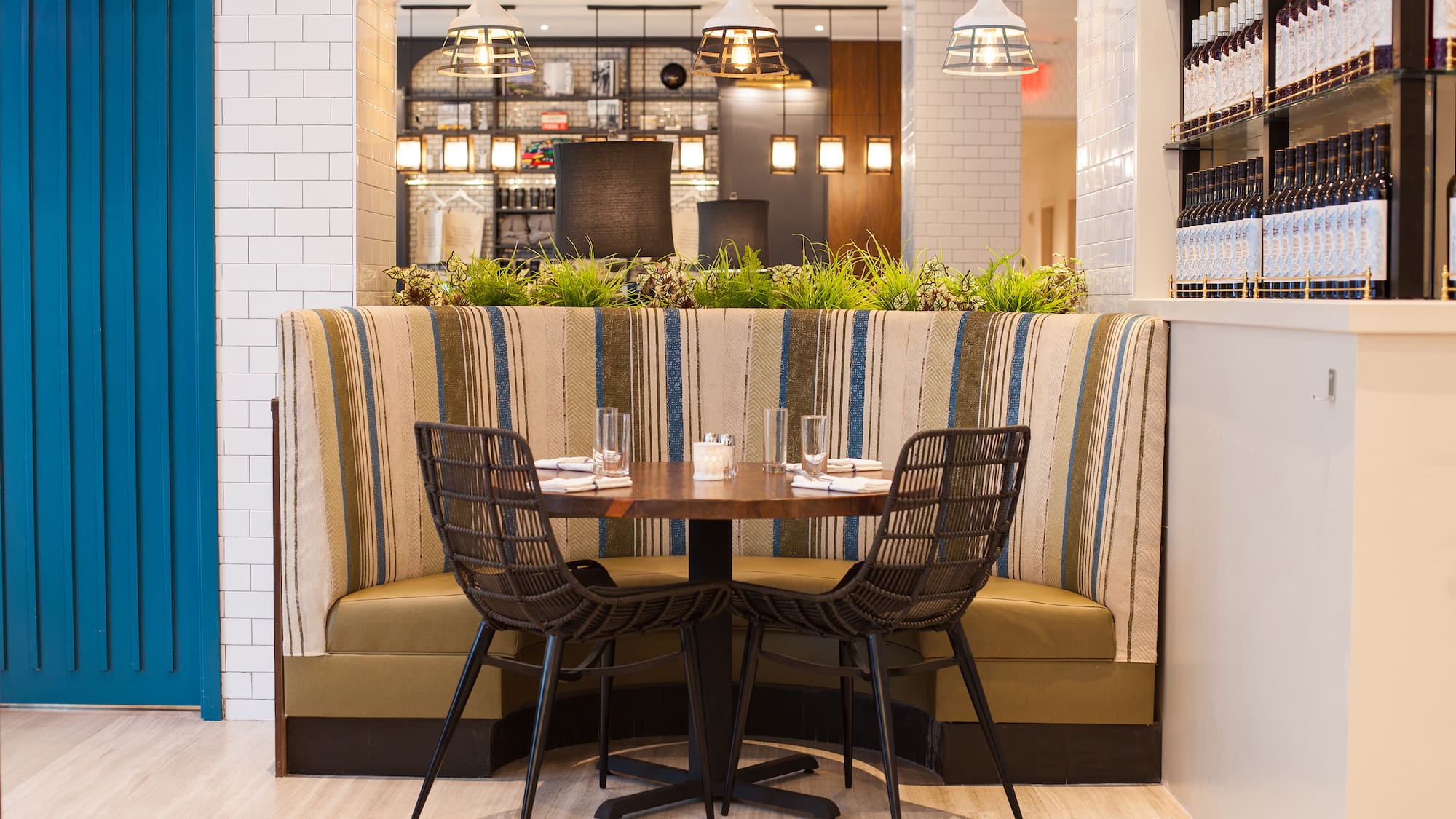 a table and chairs in a restaurant