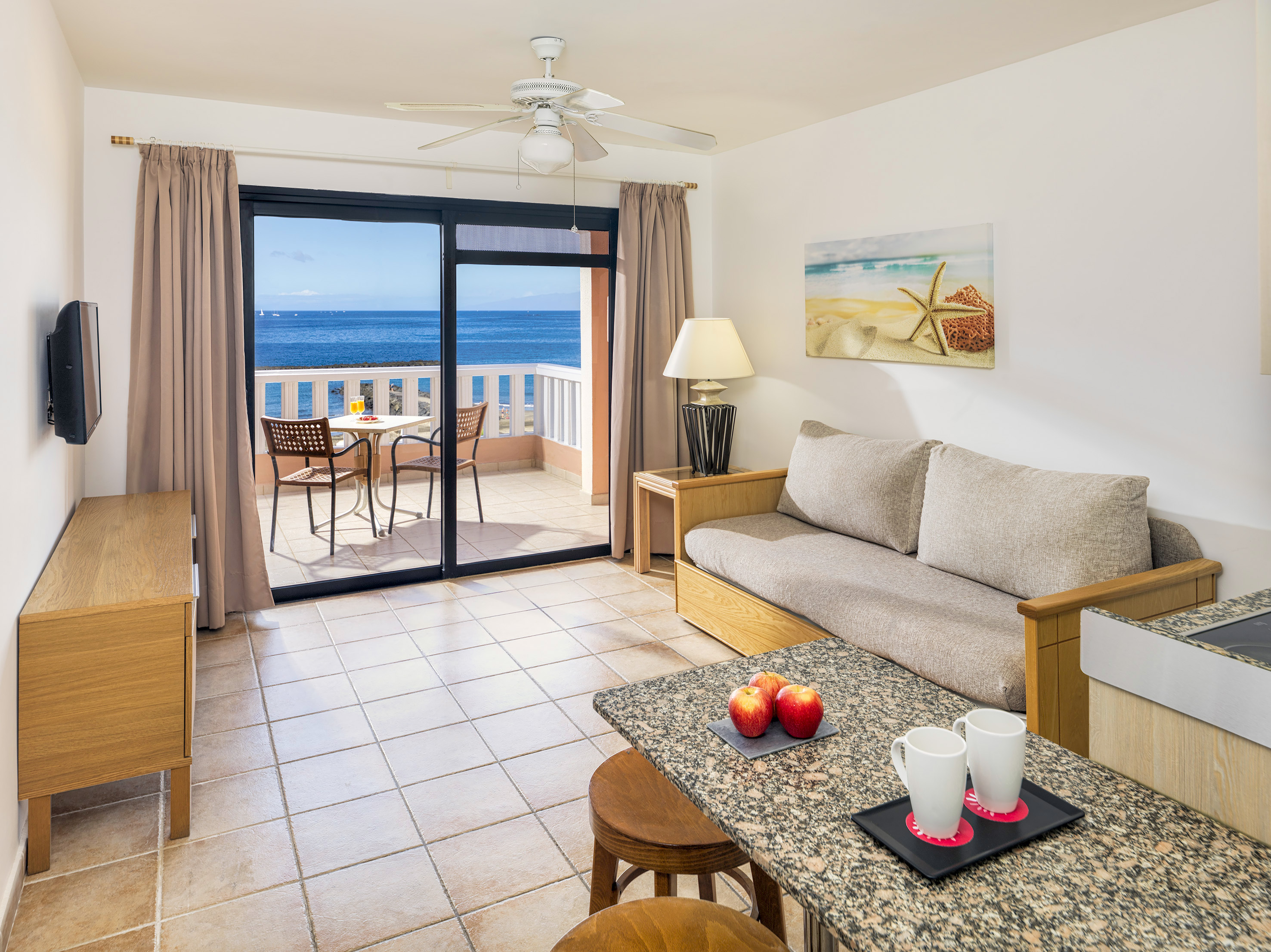 Oceanfront apartment living room with balcony and sofa.