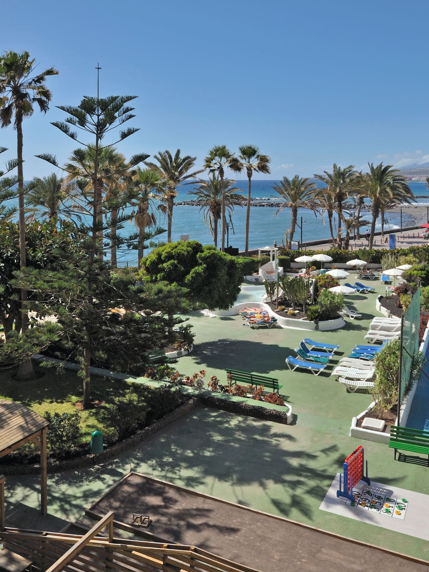 a swimming pool and palm trees by the water