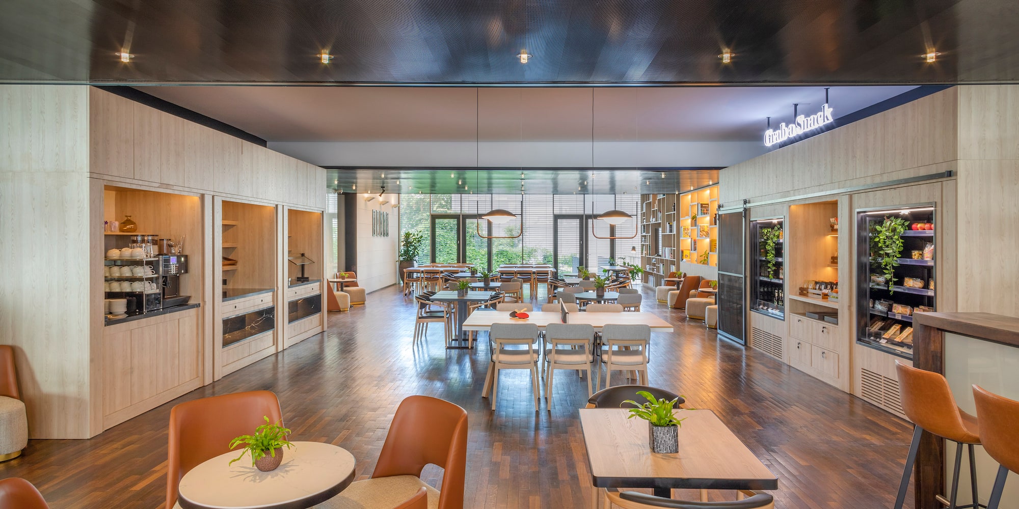 a room with tables and chairs