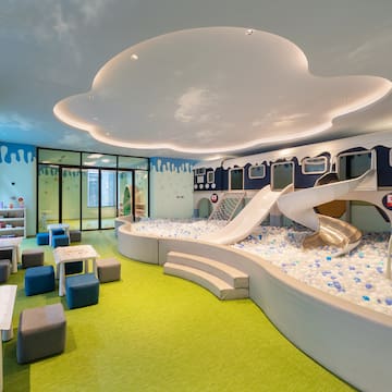 a room with a slide and a pool of balls