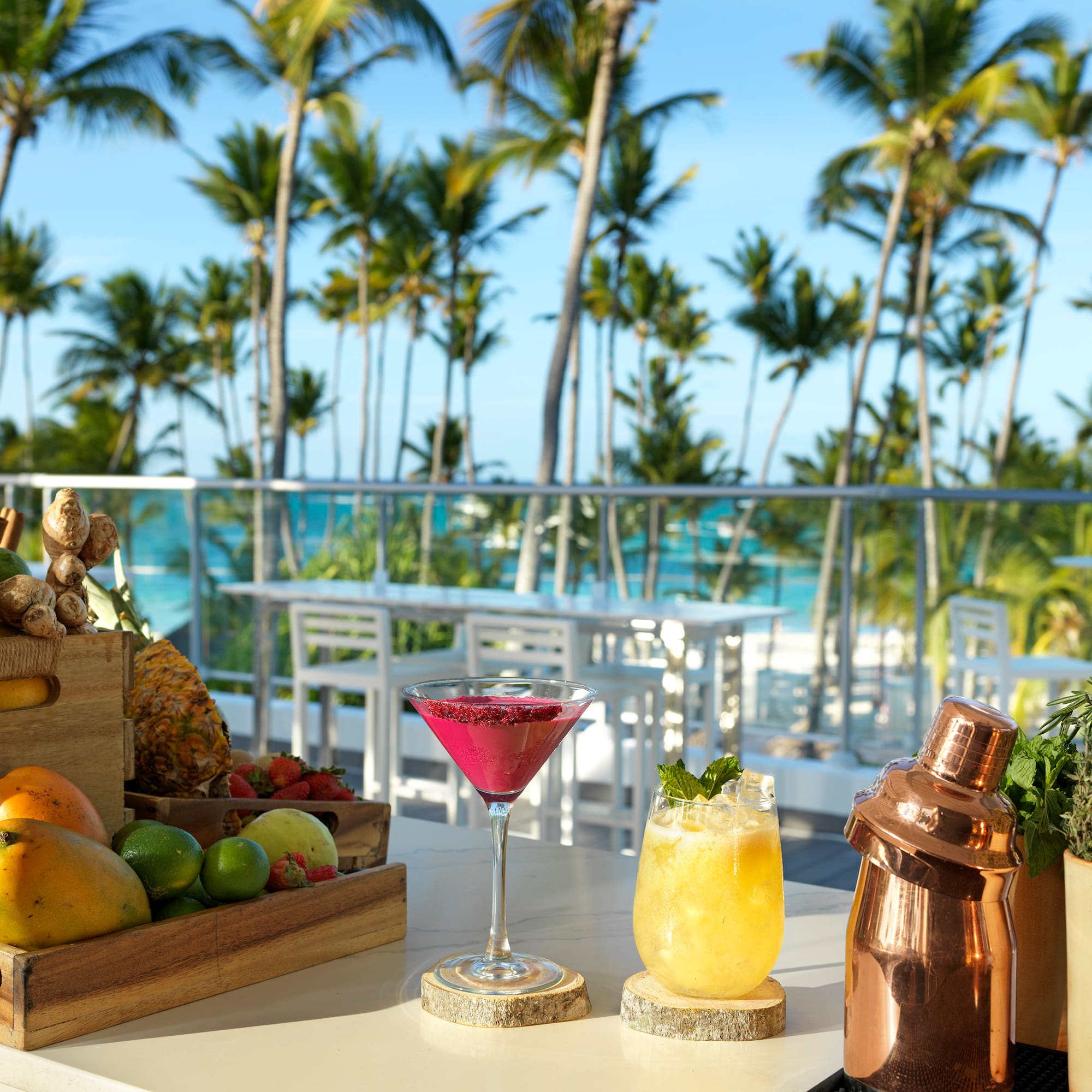 Tropical cocktails and fresh fruit bar with palm trees and ocean view.