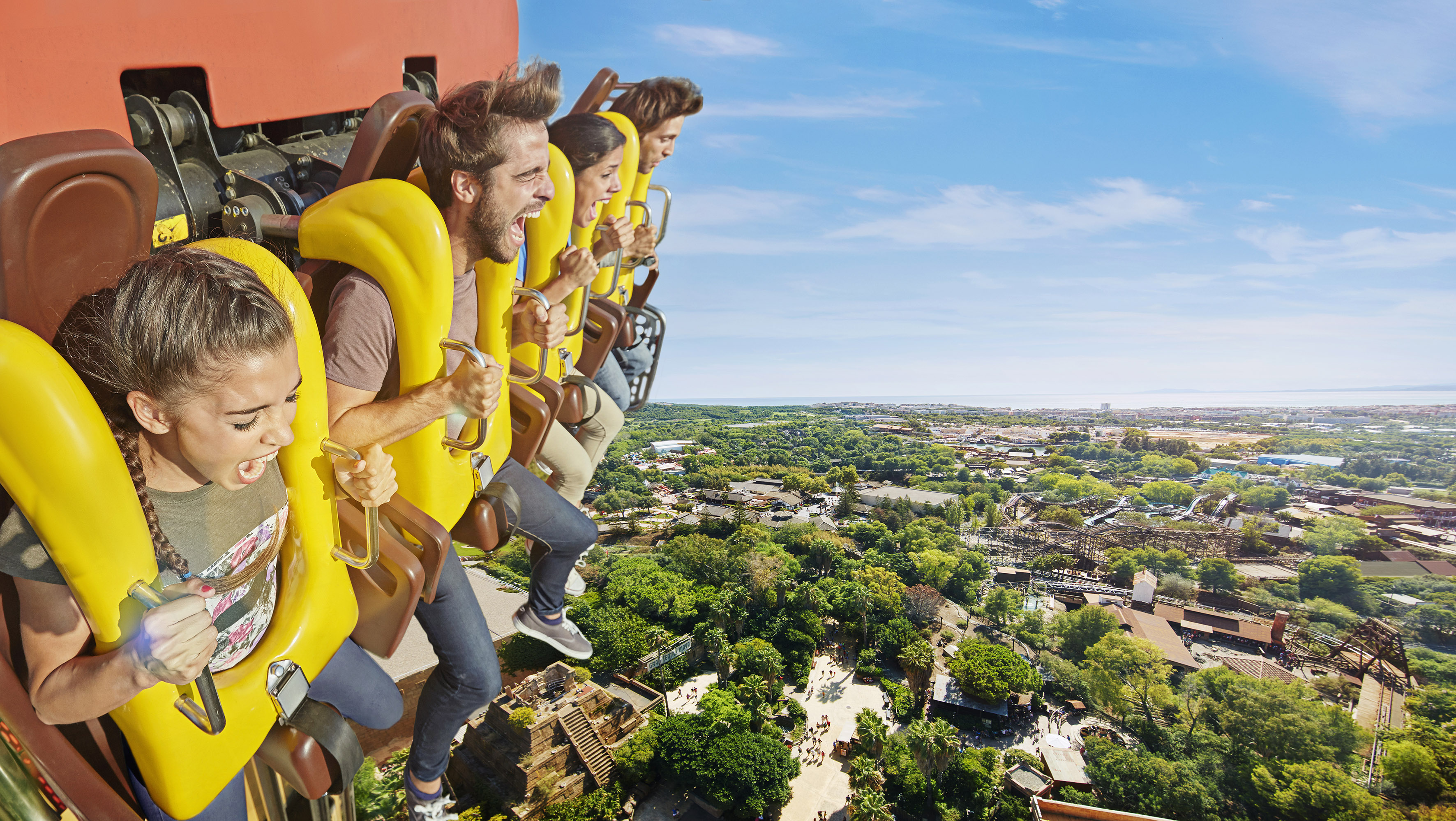 a group of people on a roller coaster
