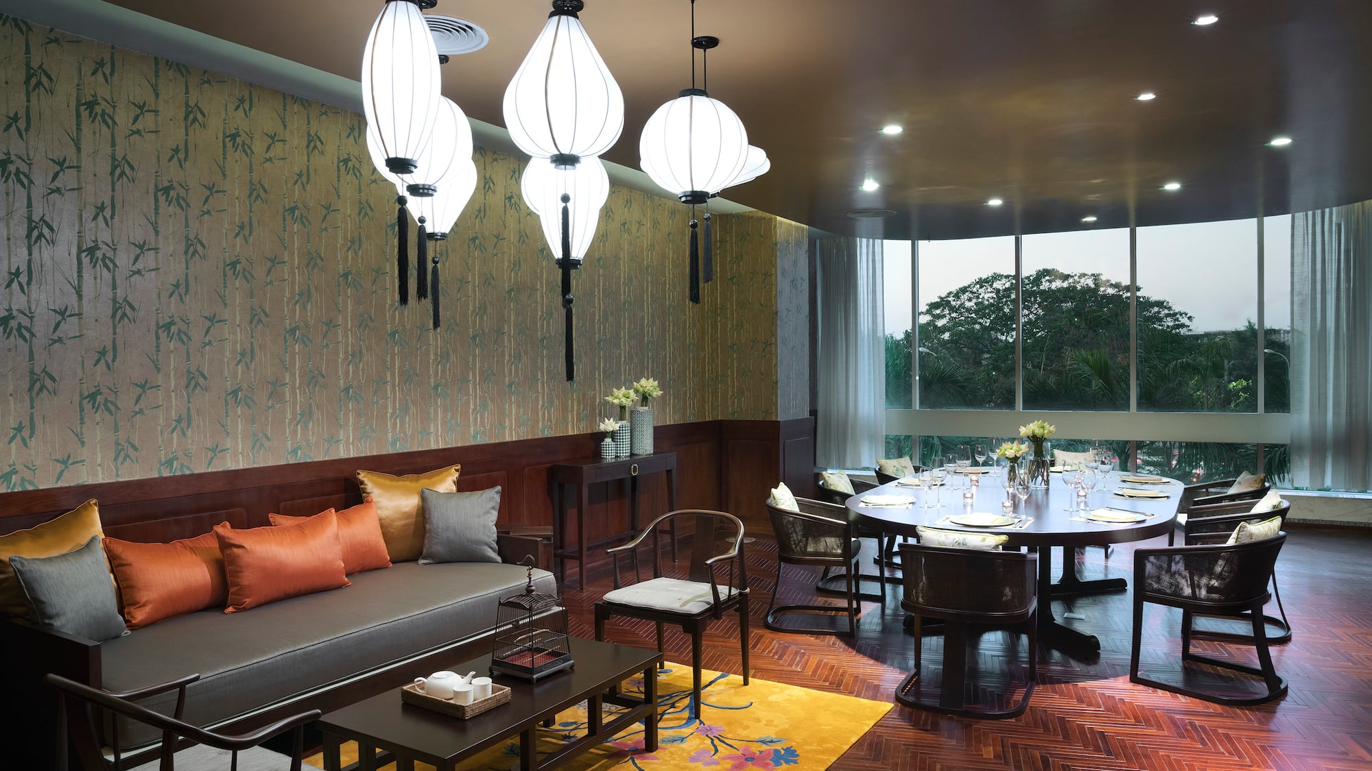 a room with a table and chairs