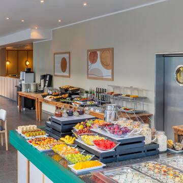 a buffet with food on it