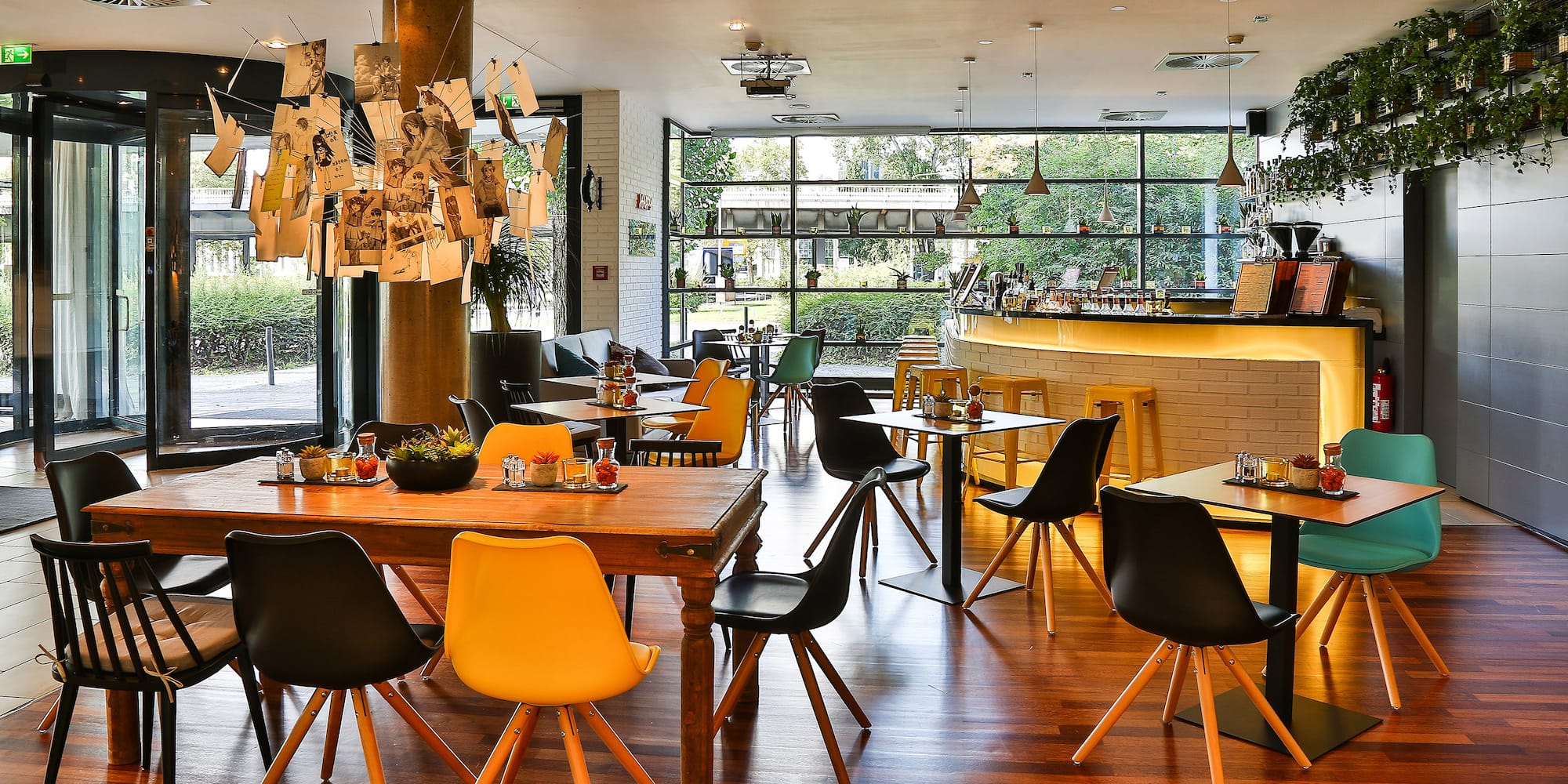 a restaurant with tables and chairs