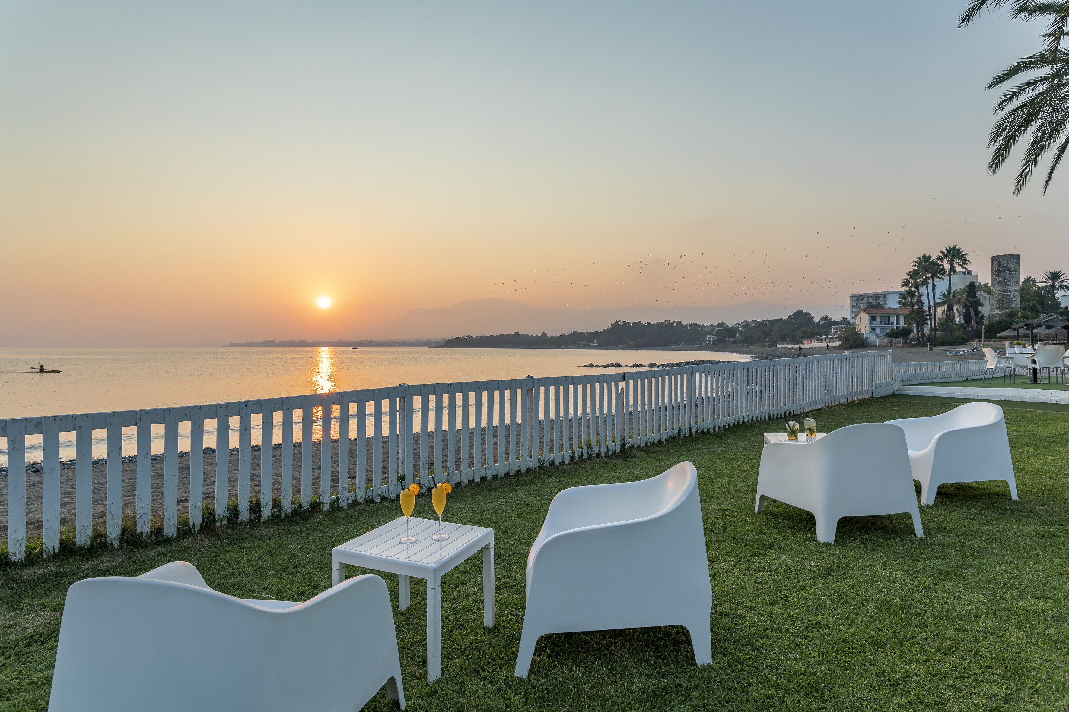 Coastal sunset over ocean with lounge chairs, cocktails, and beach fence.