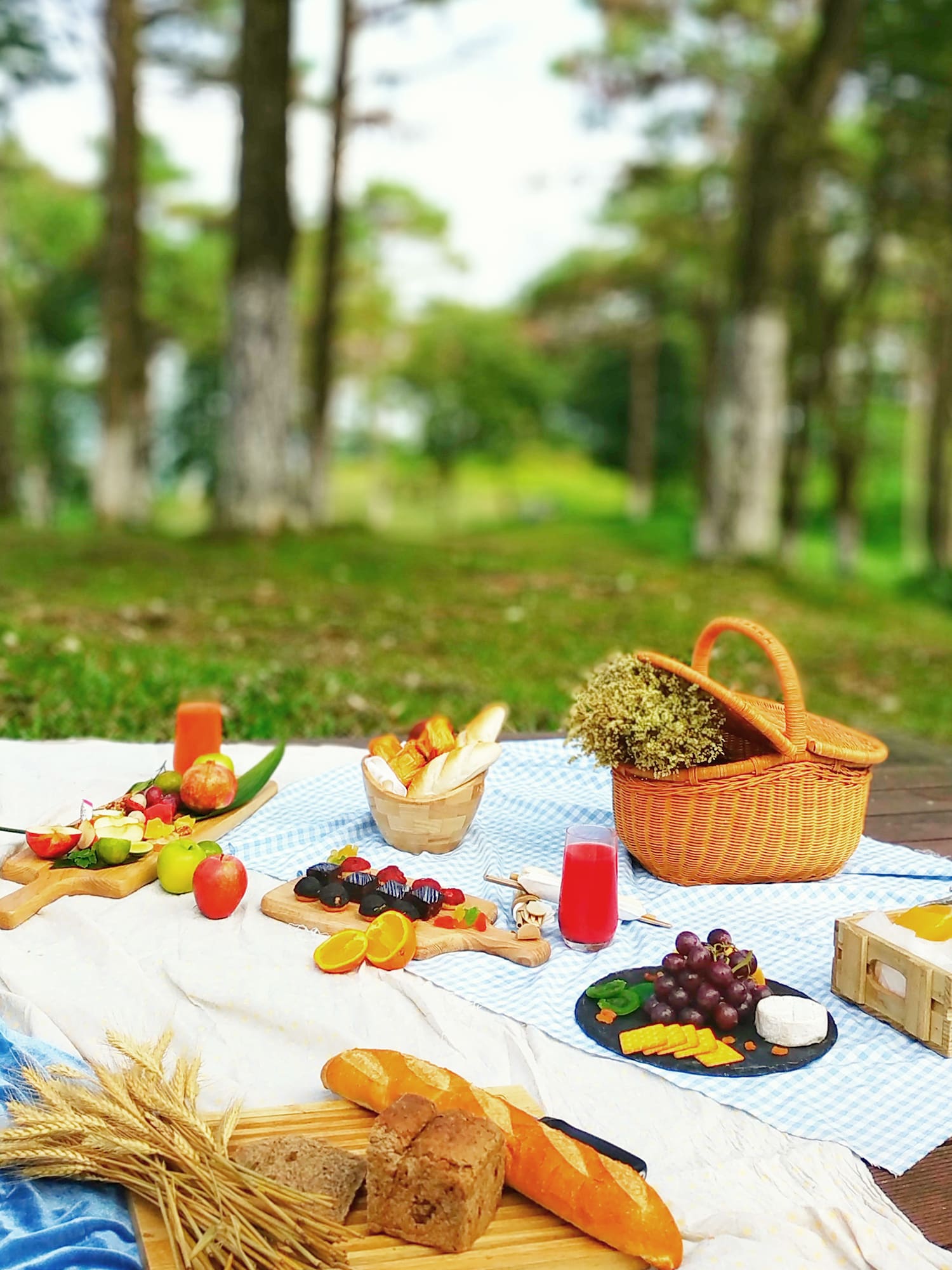 a picnic blanket with food on it