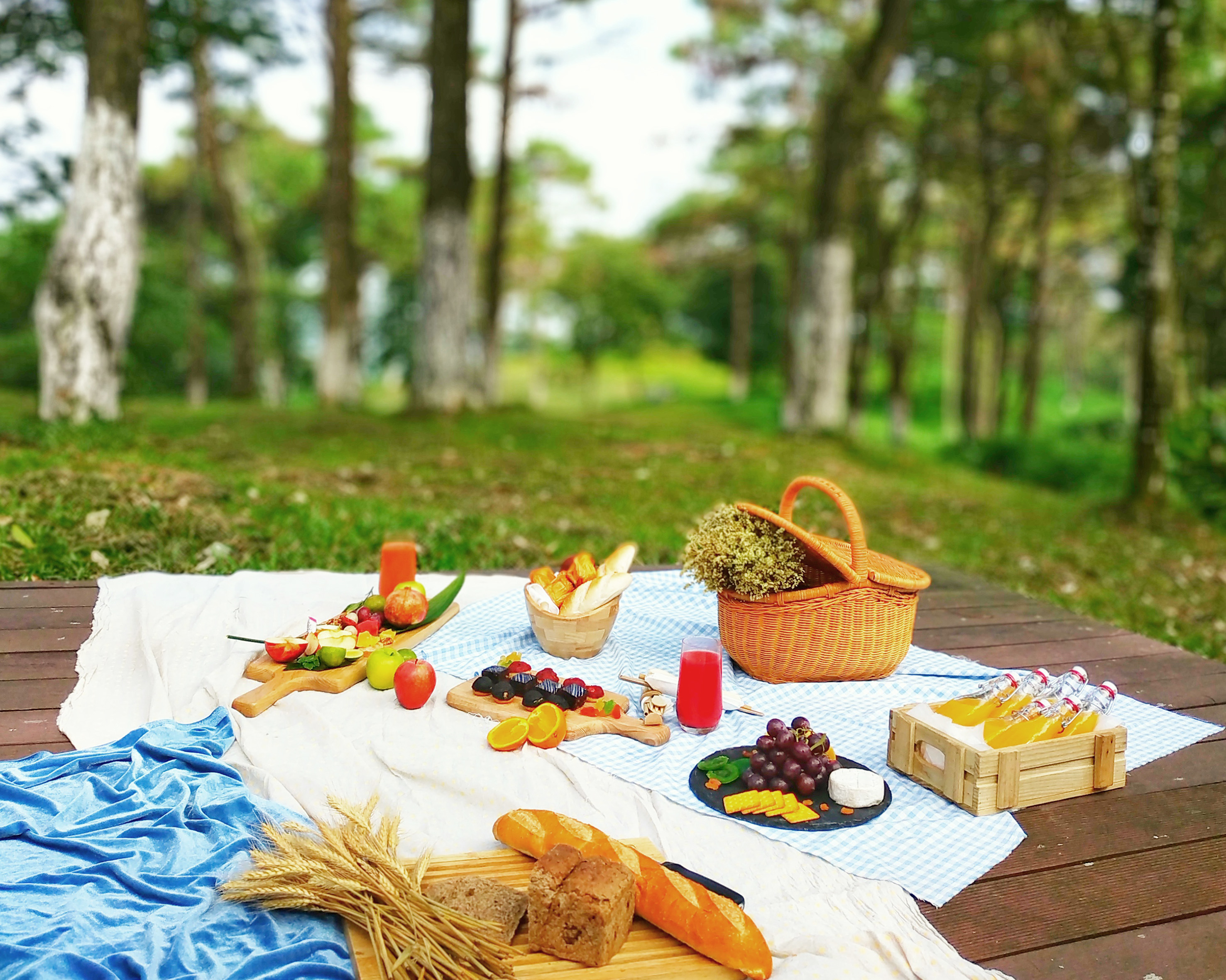 a picnic blanket with food on it