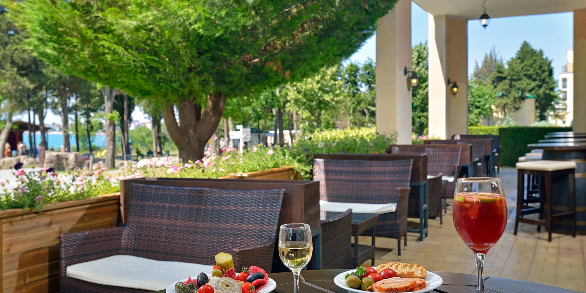 a table with food and wine on it