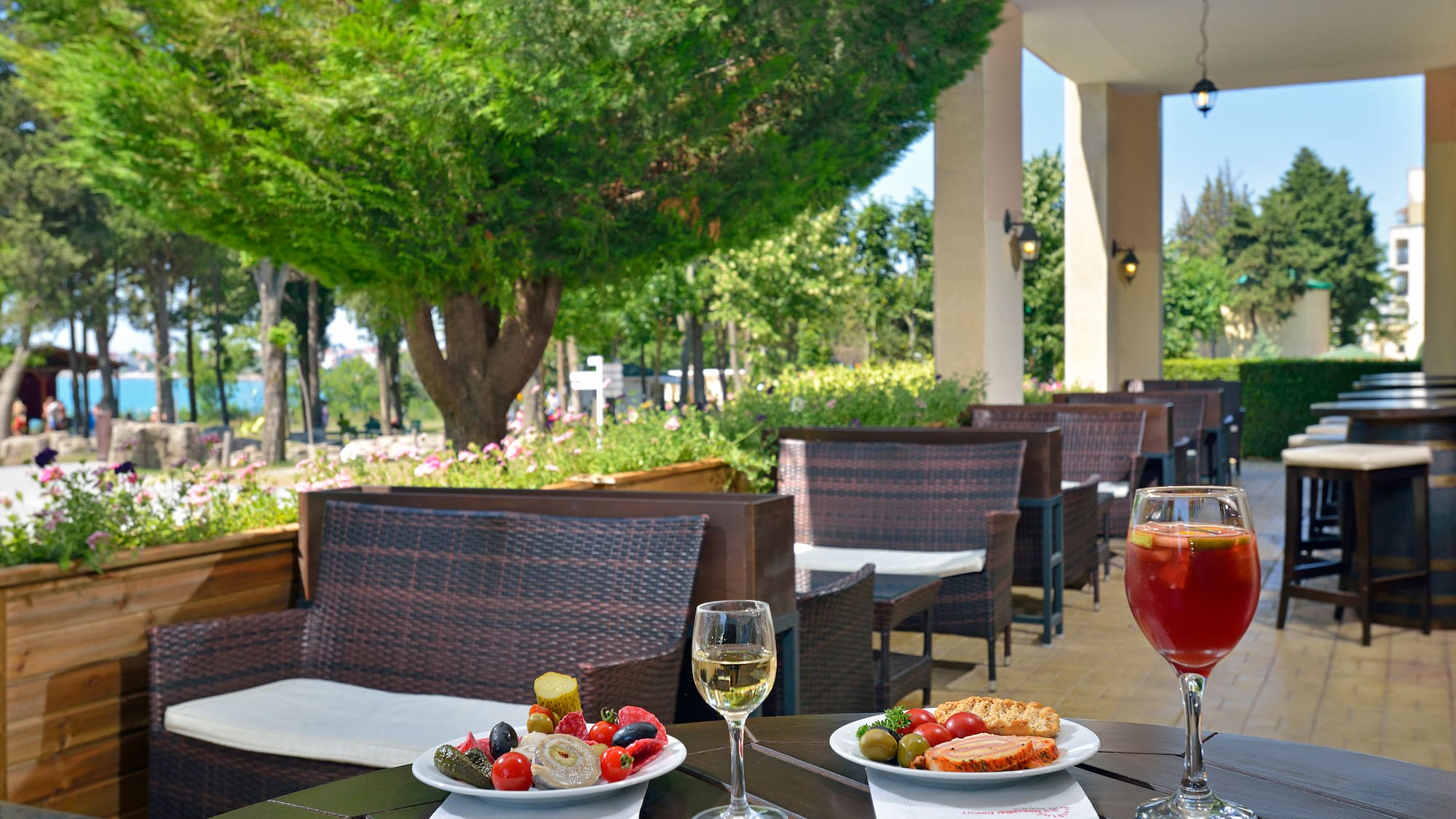 a table with food and wine on it