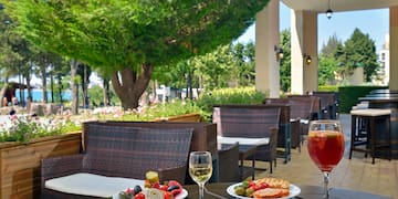 a table with food and wine on it