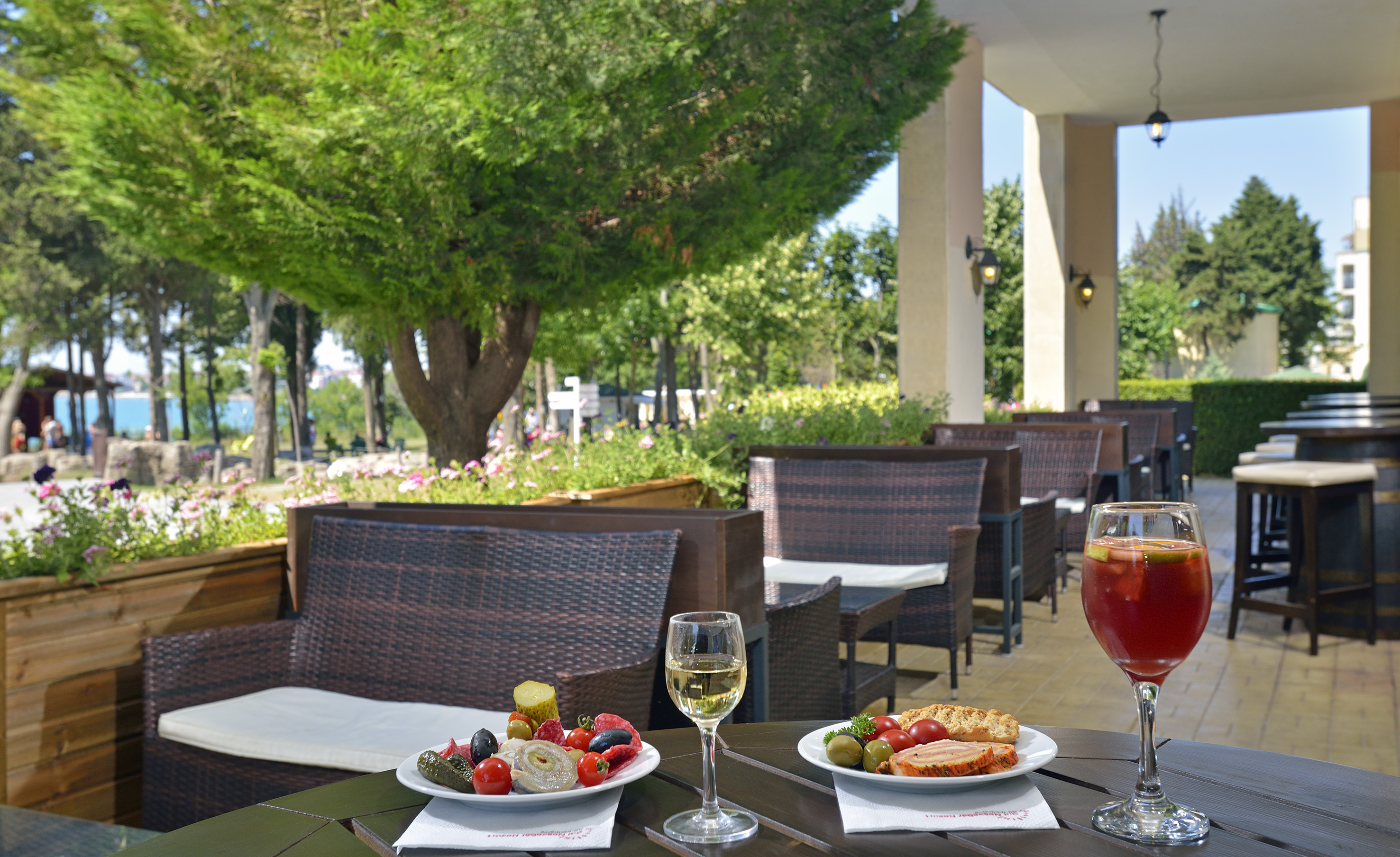 a table with food and wine on it