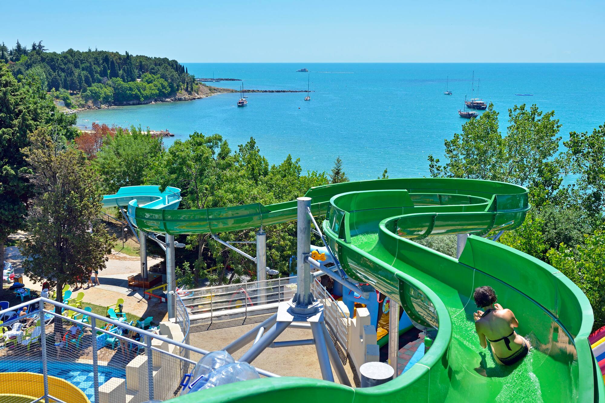 a woman on a water slide