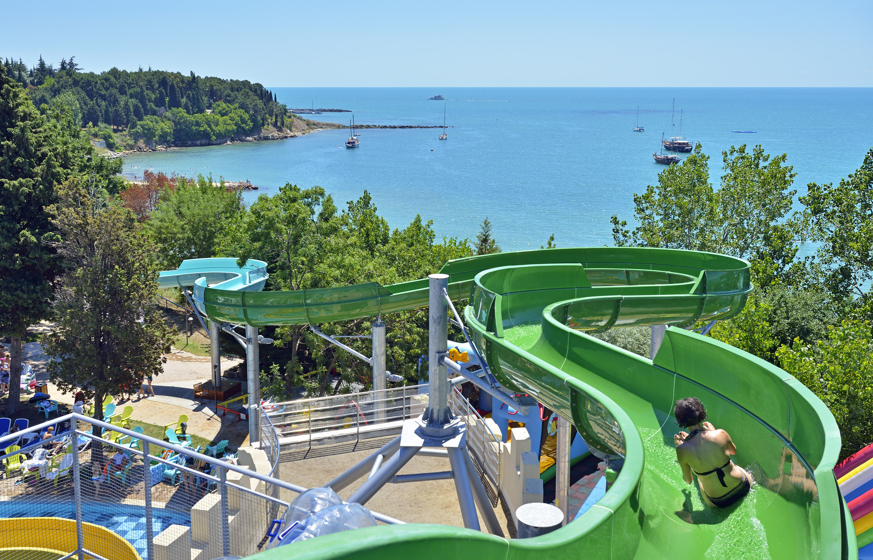a woman on a water slide