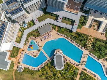 a swimming pool and buildings