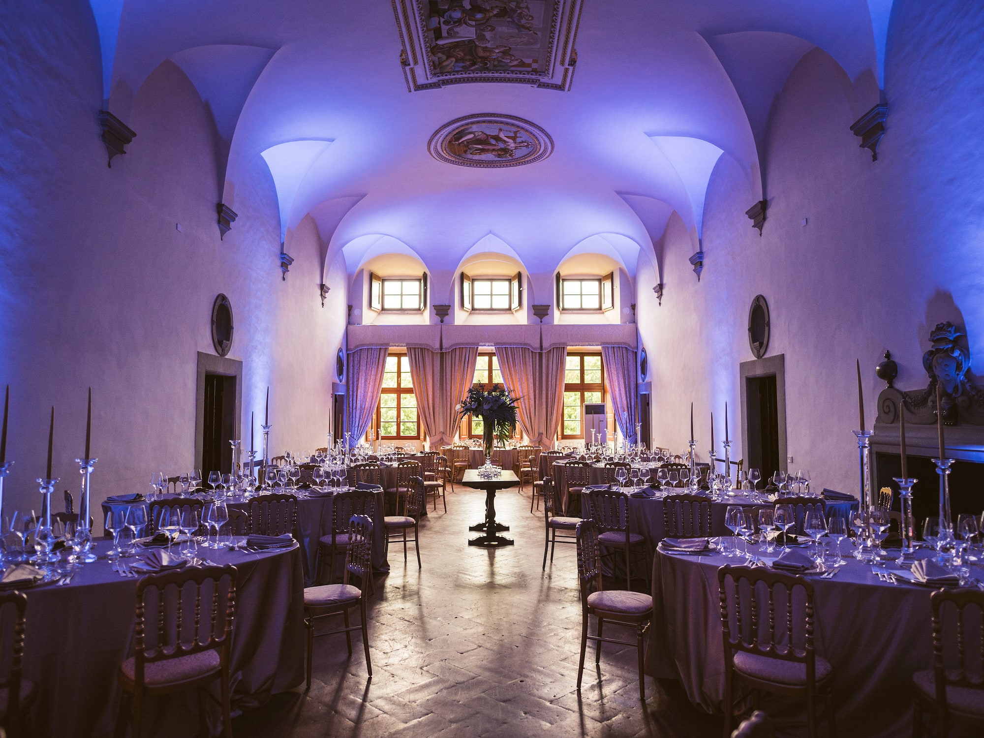 a room with tables and chairs