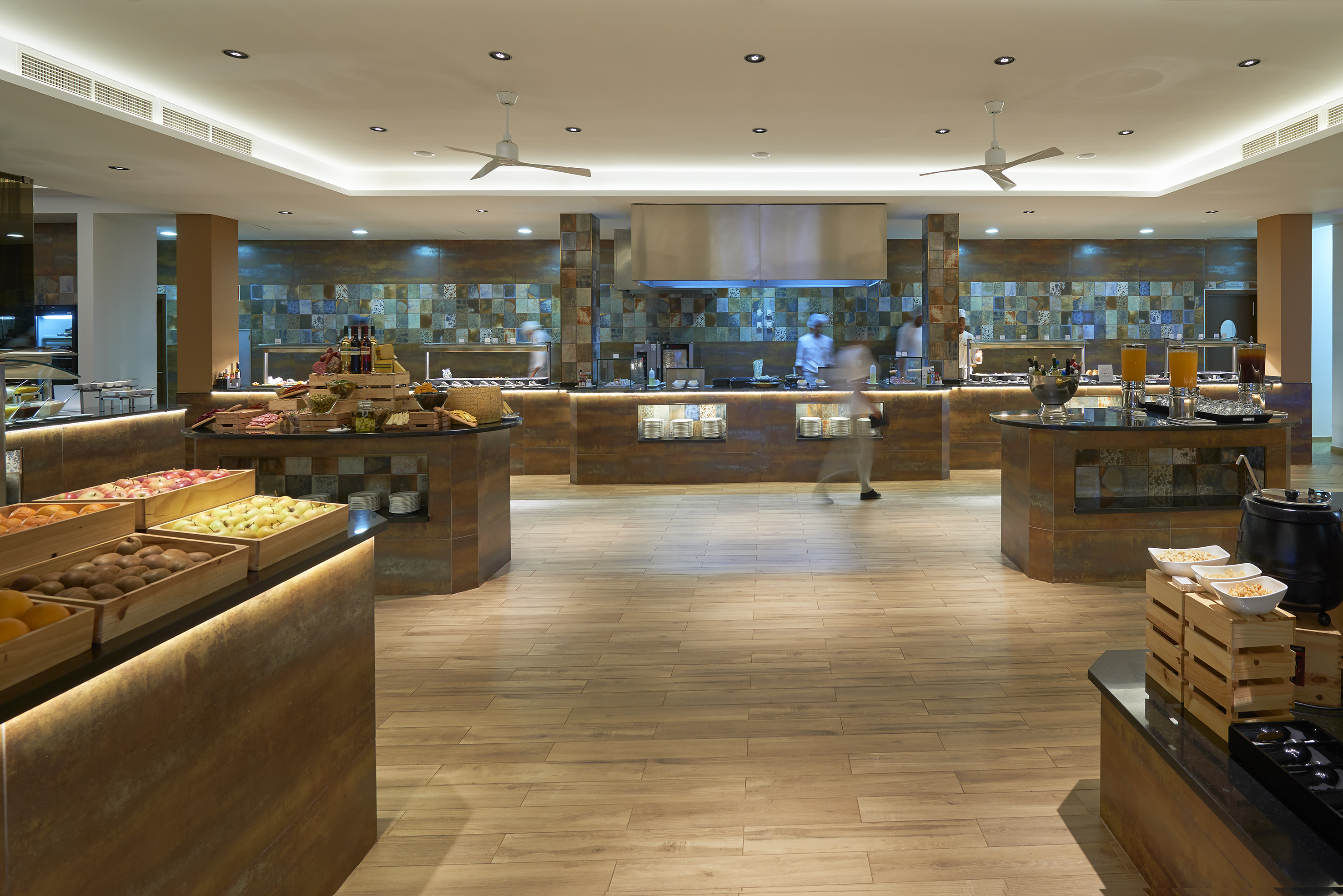 a food court with people walking