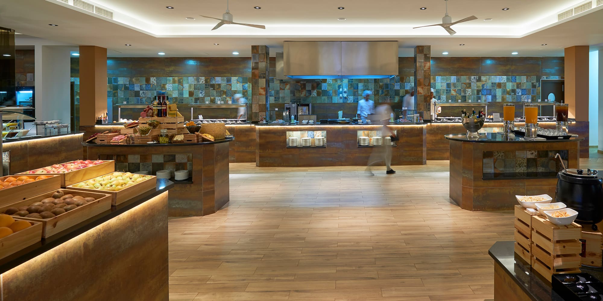 a food court with people walking