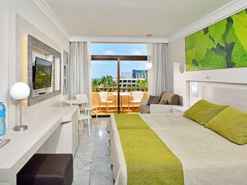 a room with a bed and a television