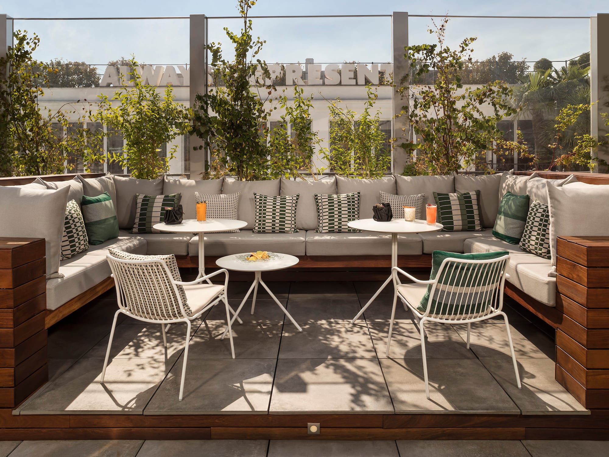 a patio with a table and chairs