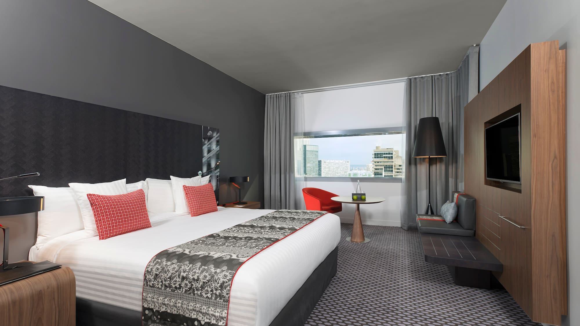 a room with a bed and a table