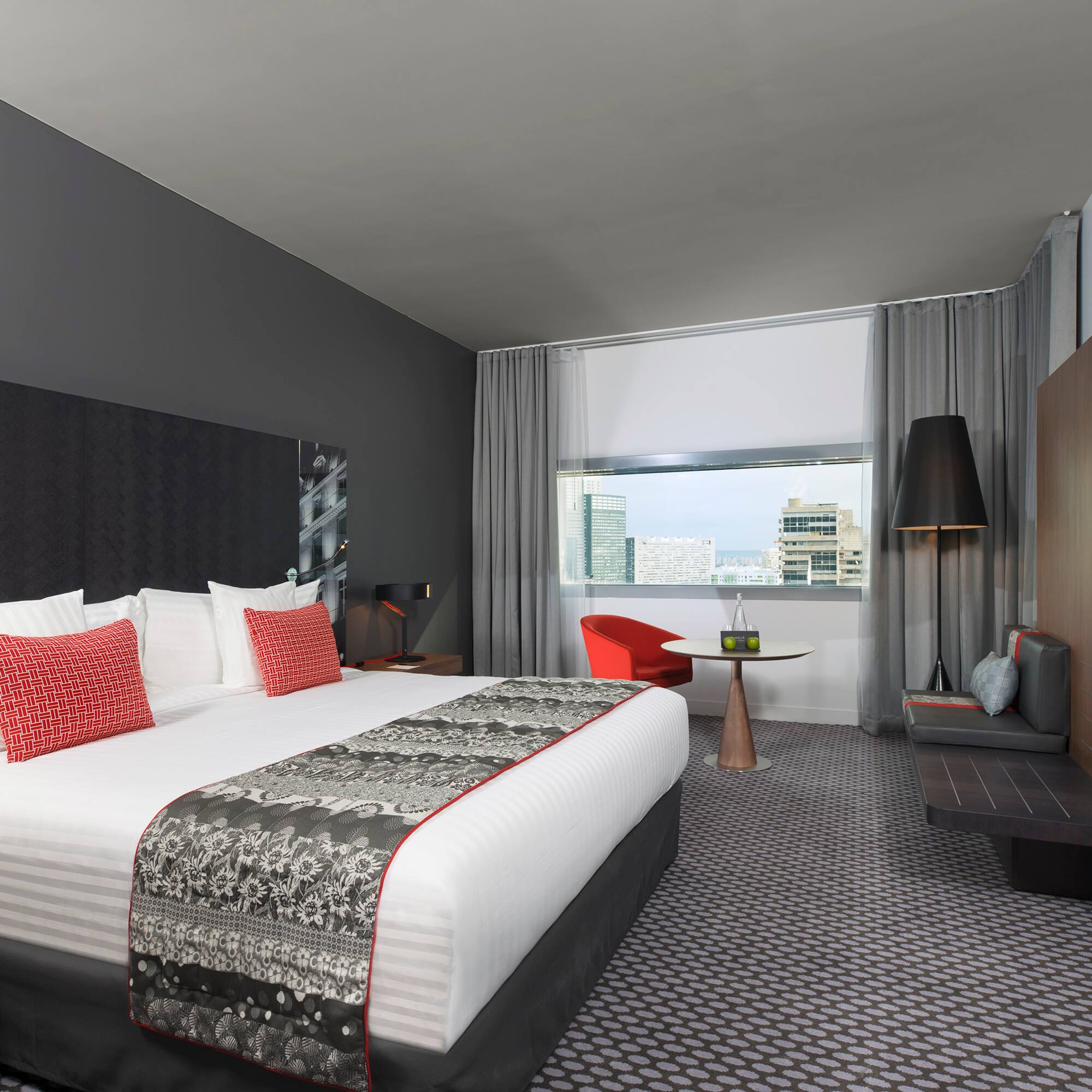 a room with a bed and a table