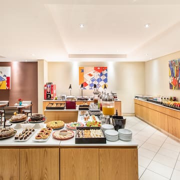 a buffet with food on the counter