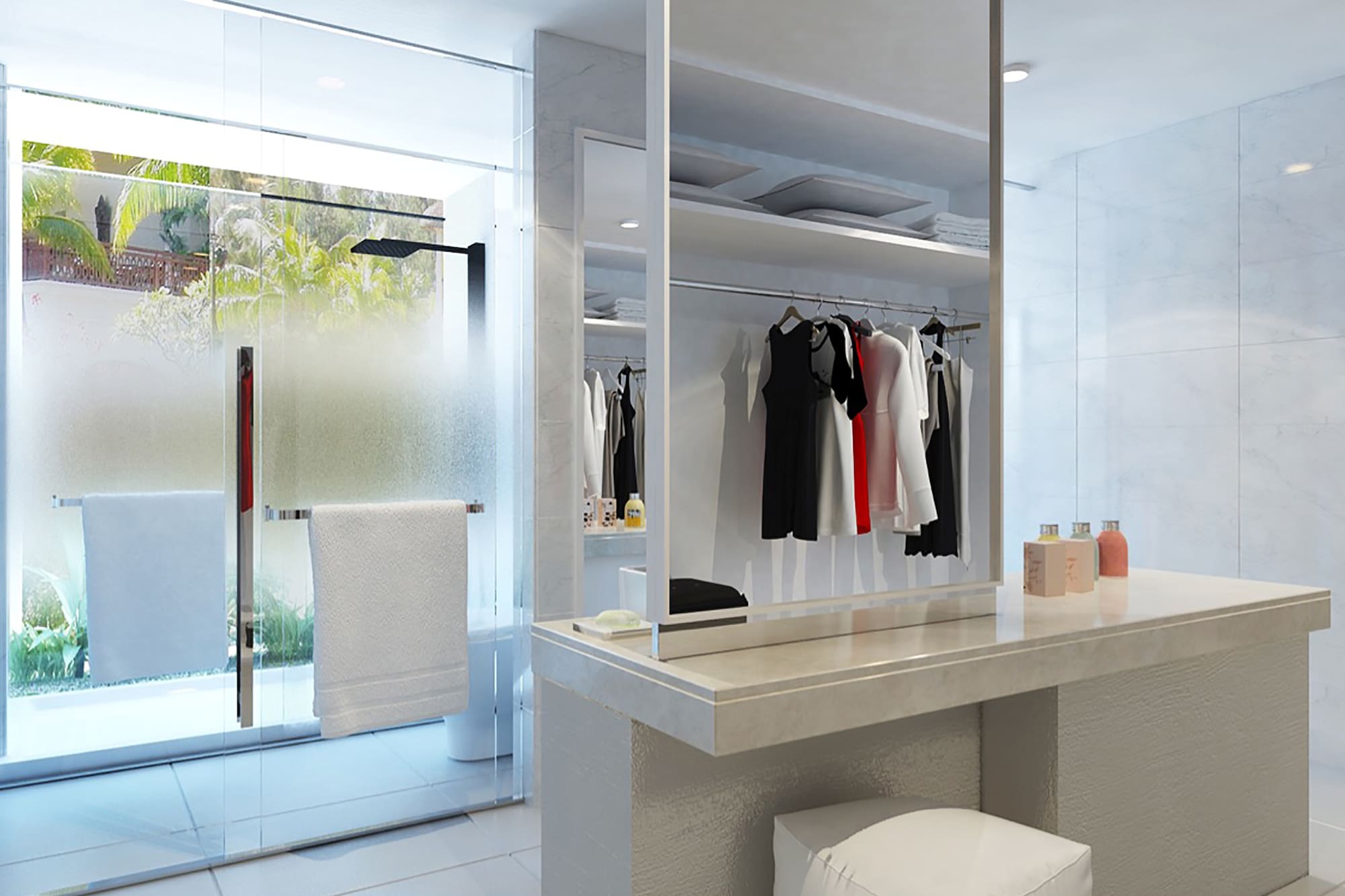 a bathroom with a mirror and a shower