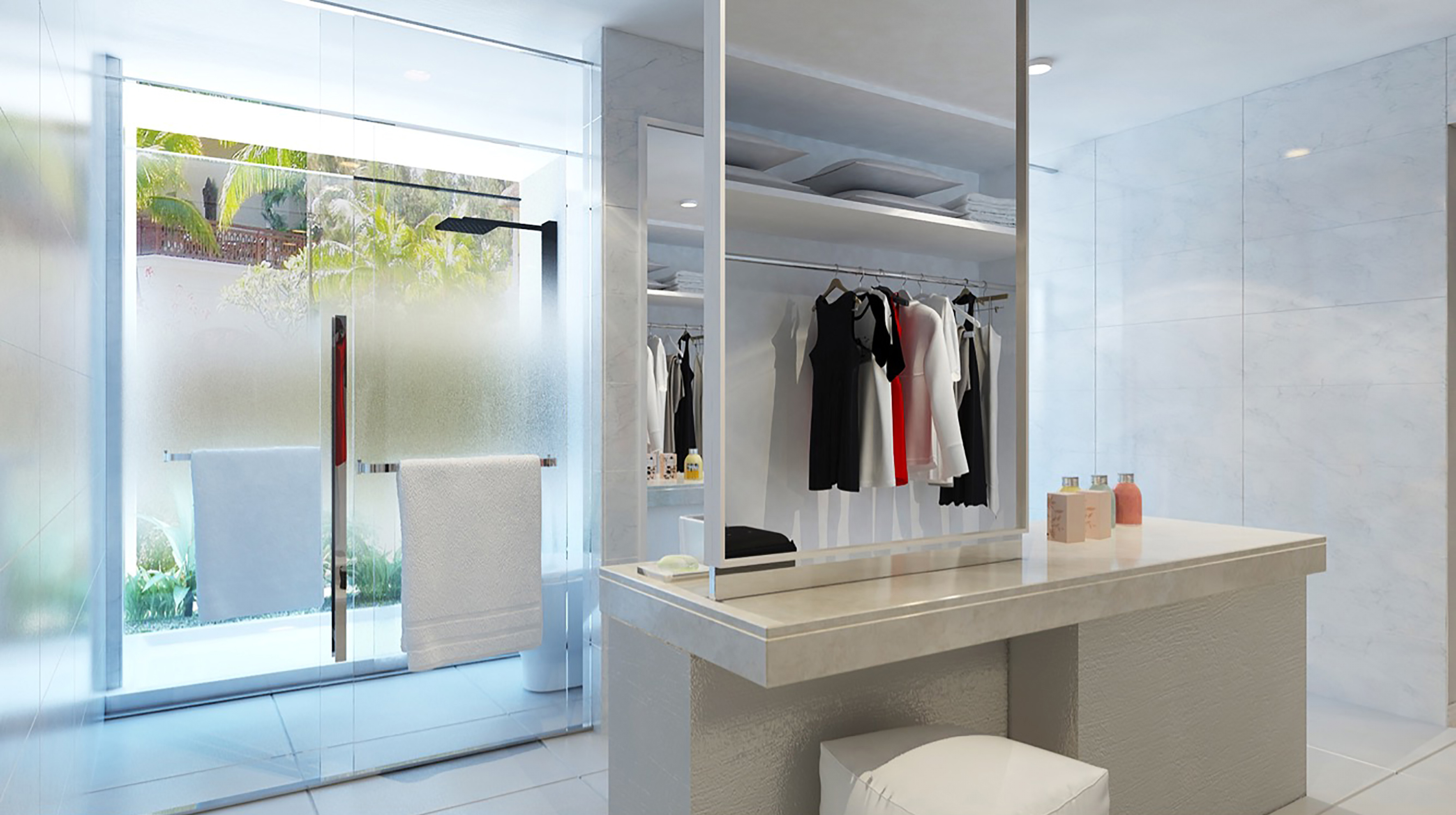 a bathroom with a mirror and a shower