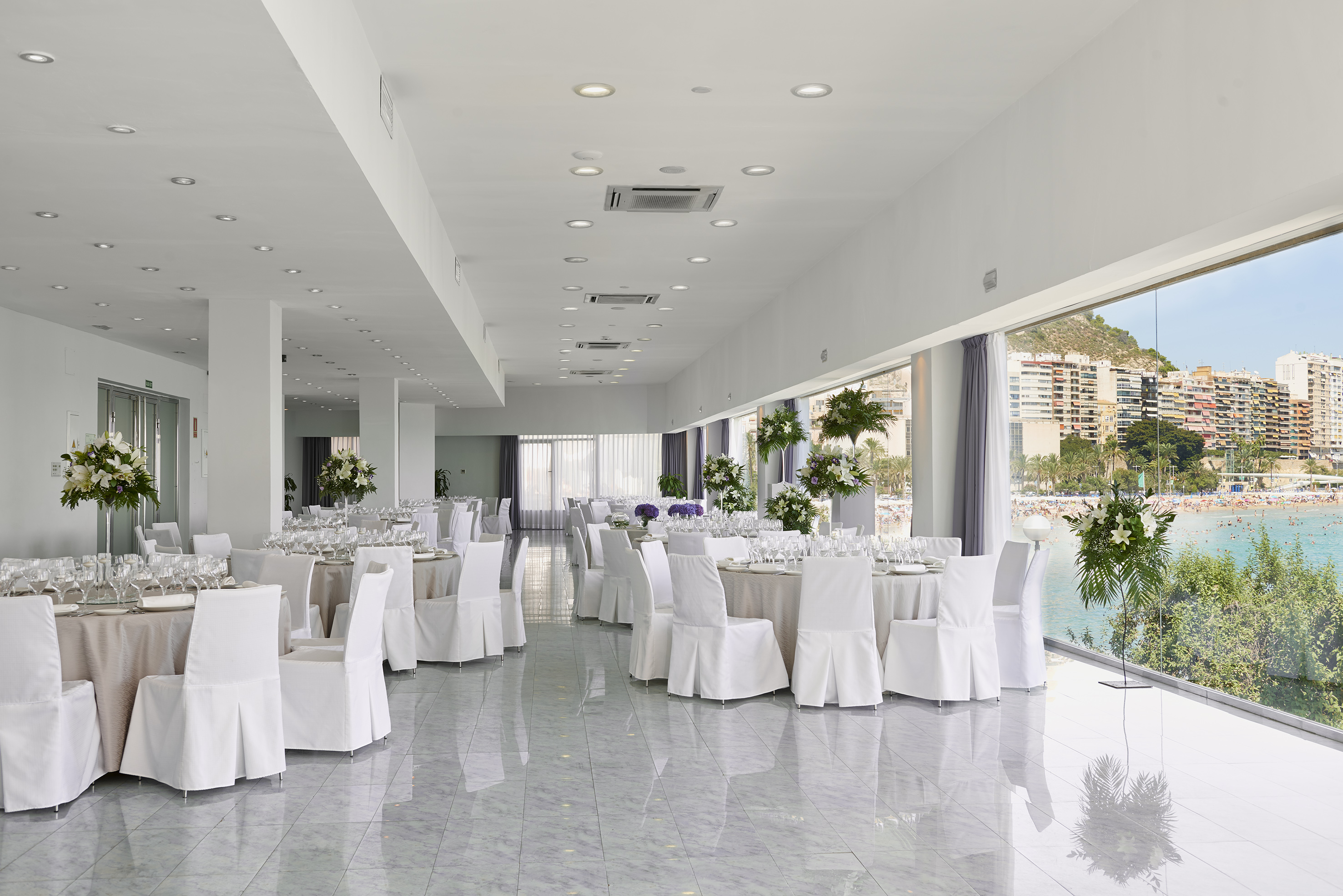 a room with tables and chairs