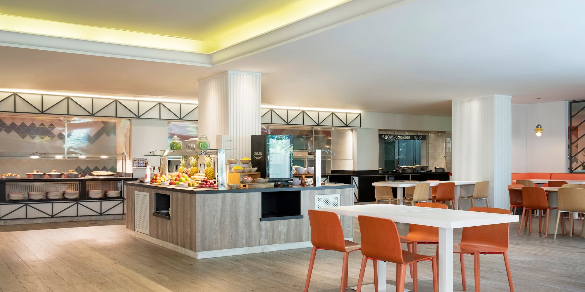 a room with a buffet and a table