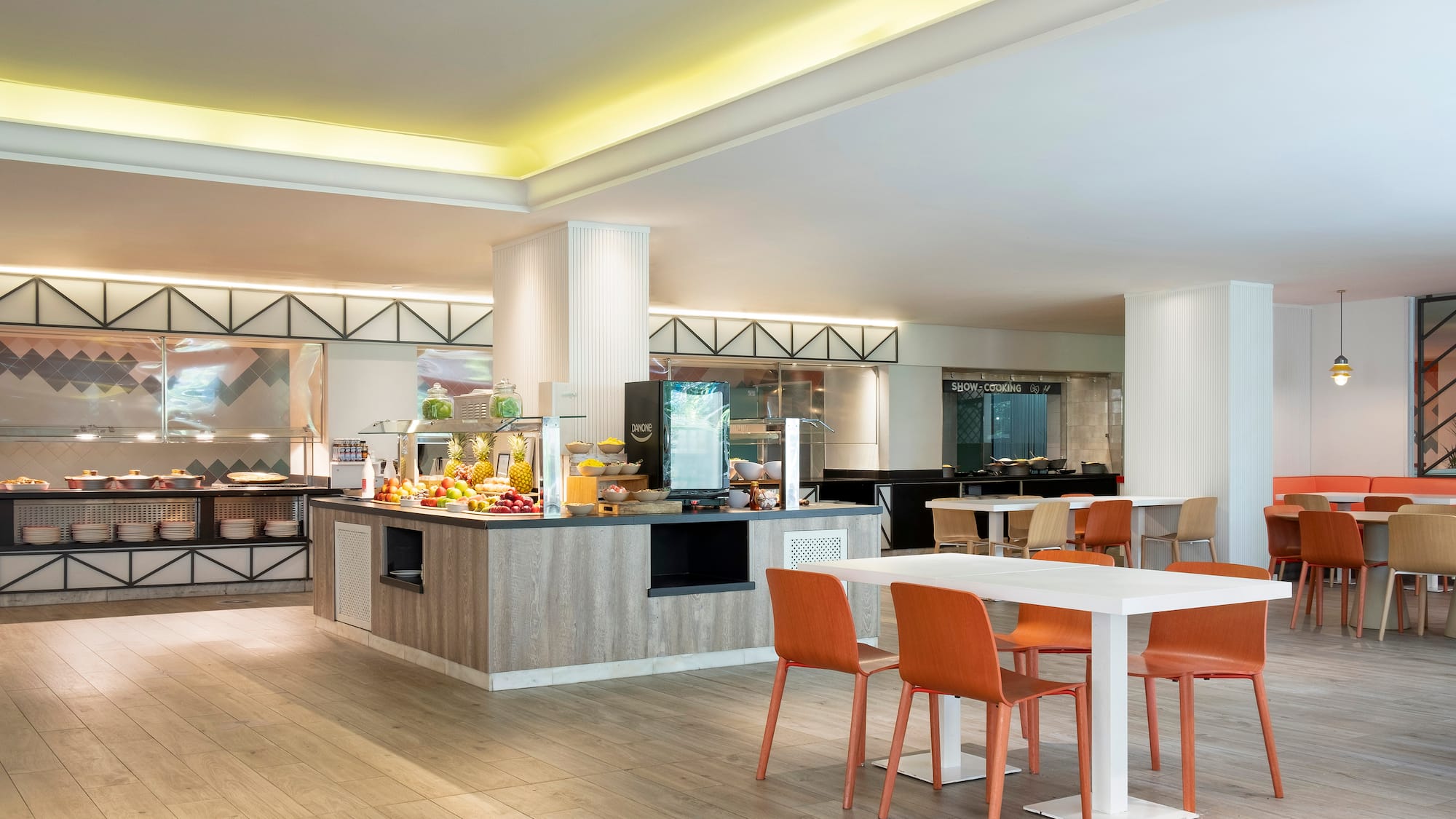 a room with a buffet and a table