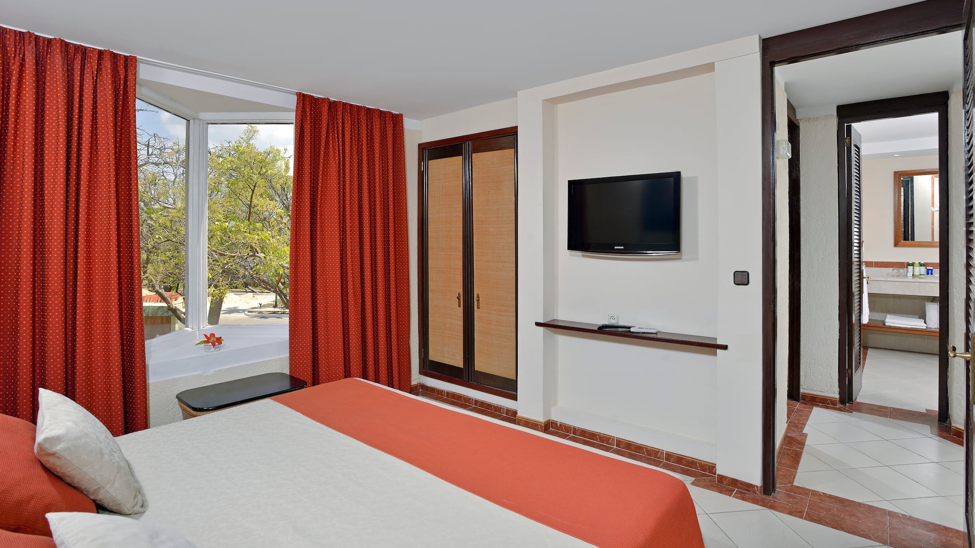 a room with a bed and a television