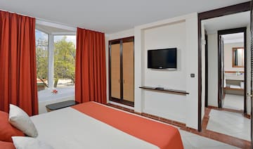 a room with a bed and a television