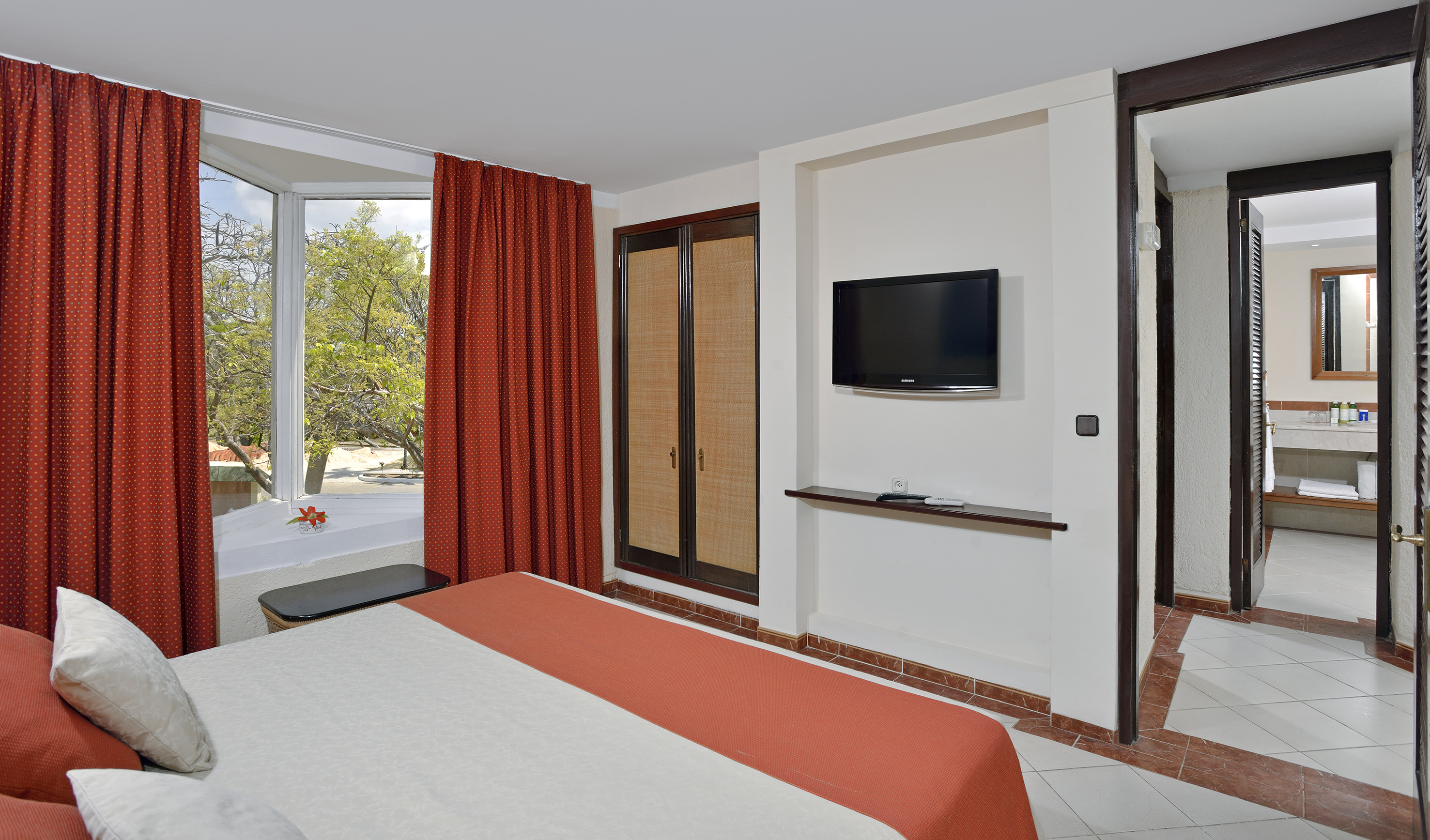 a room with a bed and a television