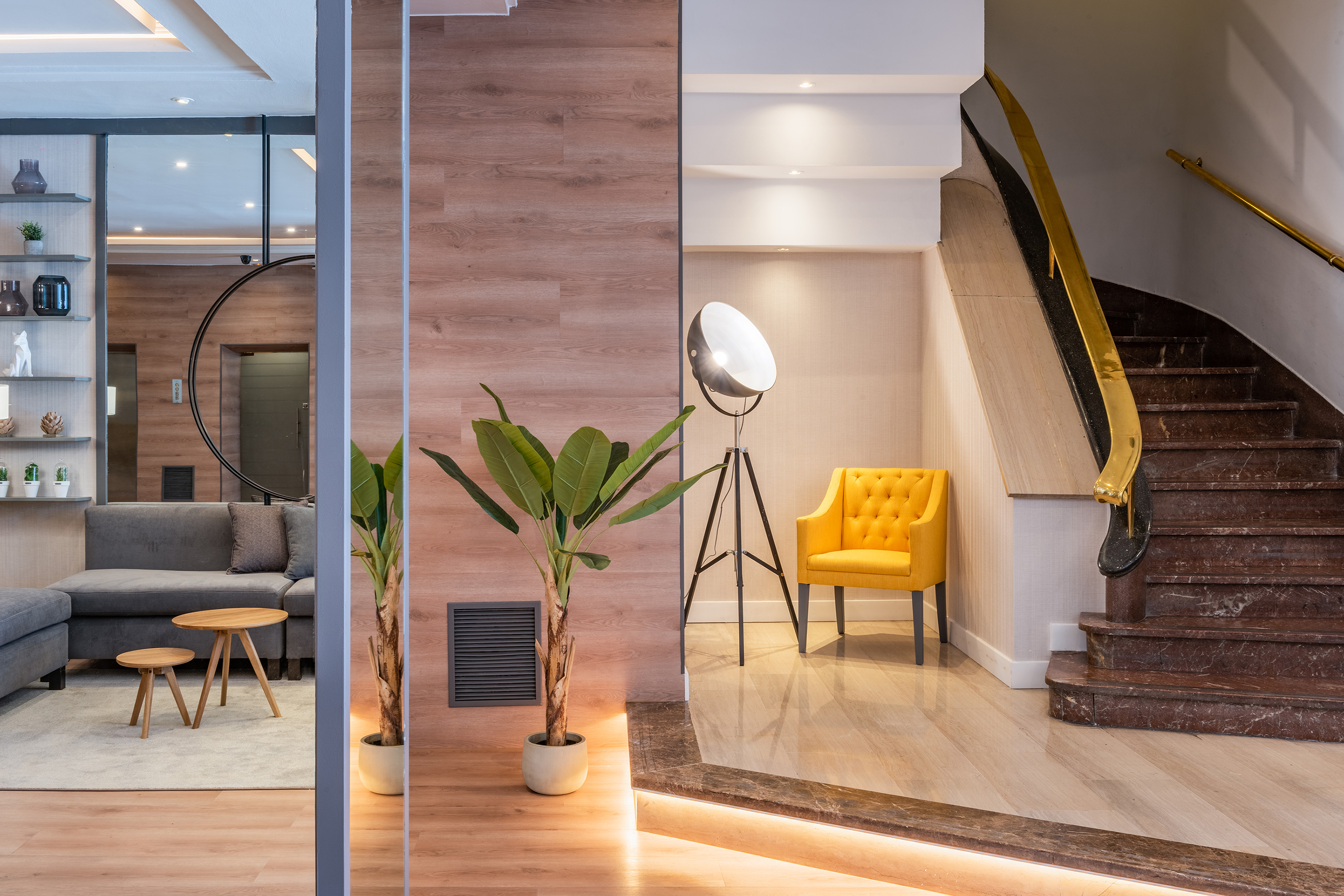 Modern lobby interior with yellow armchair, large plant, and marble staircase.