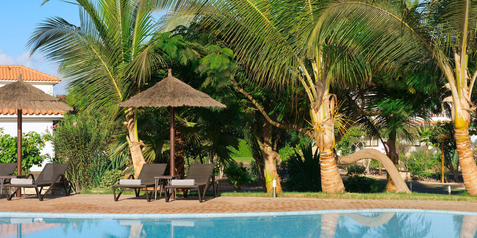 a pool with chairs and umbrellas by it