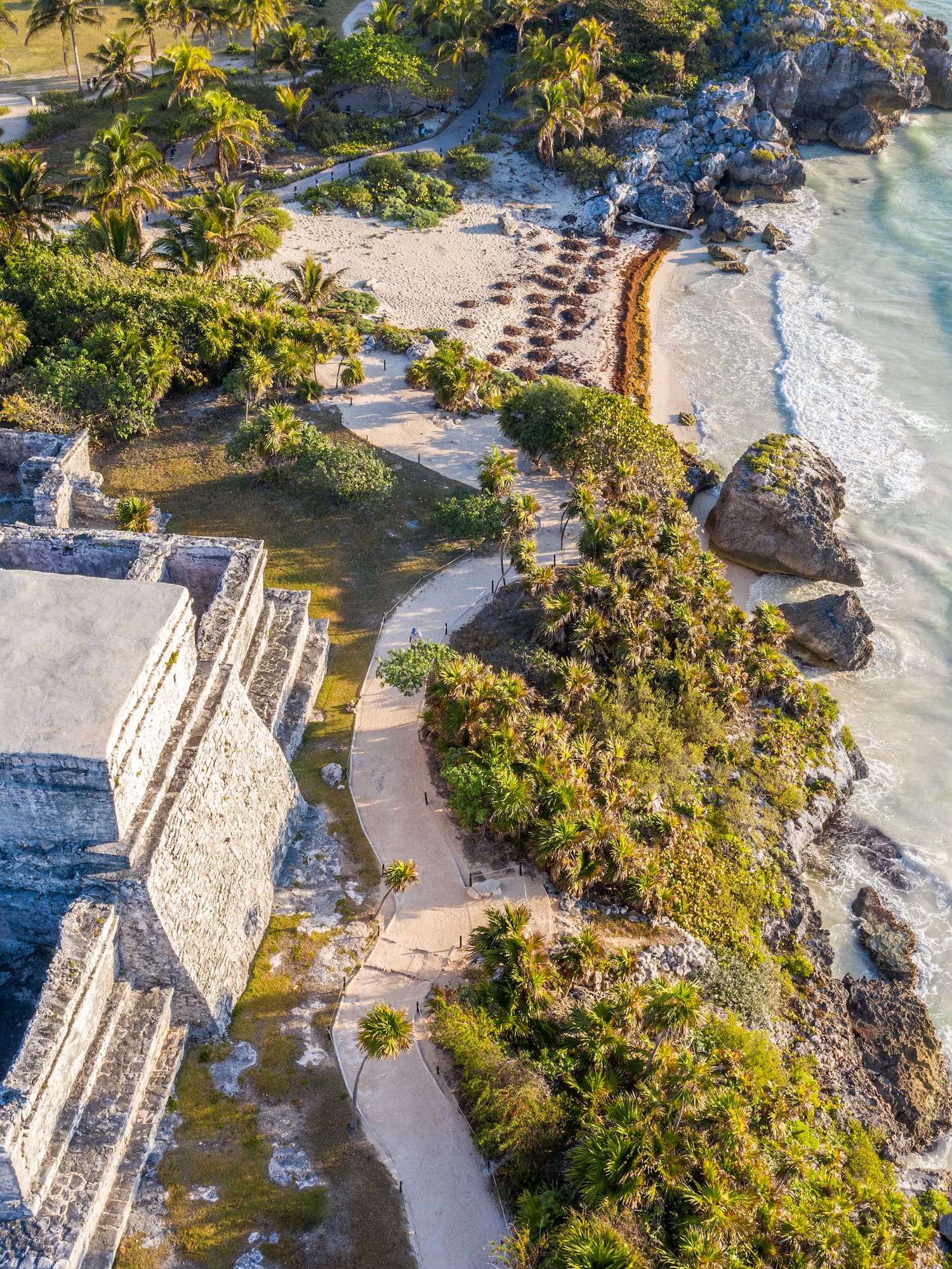 an aerial view of a beach with a building and palm trees