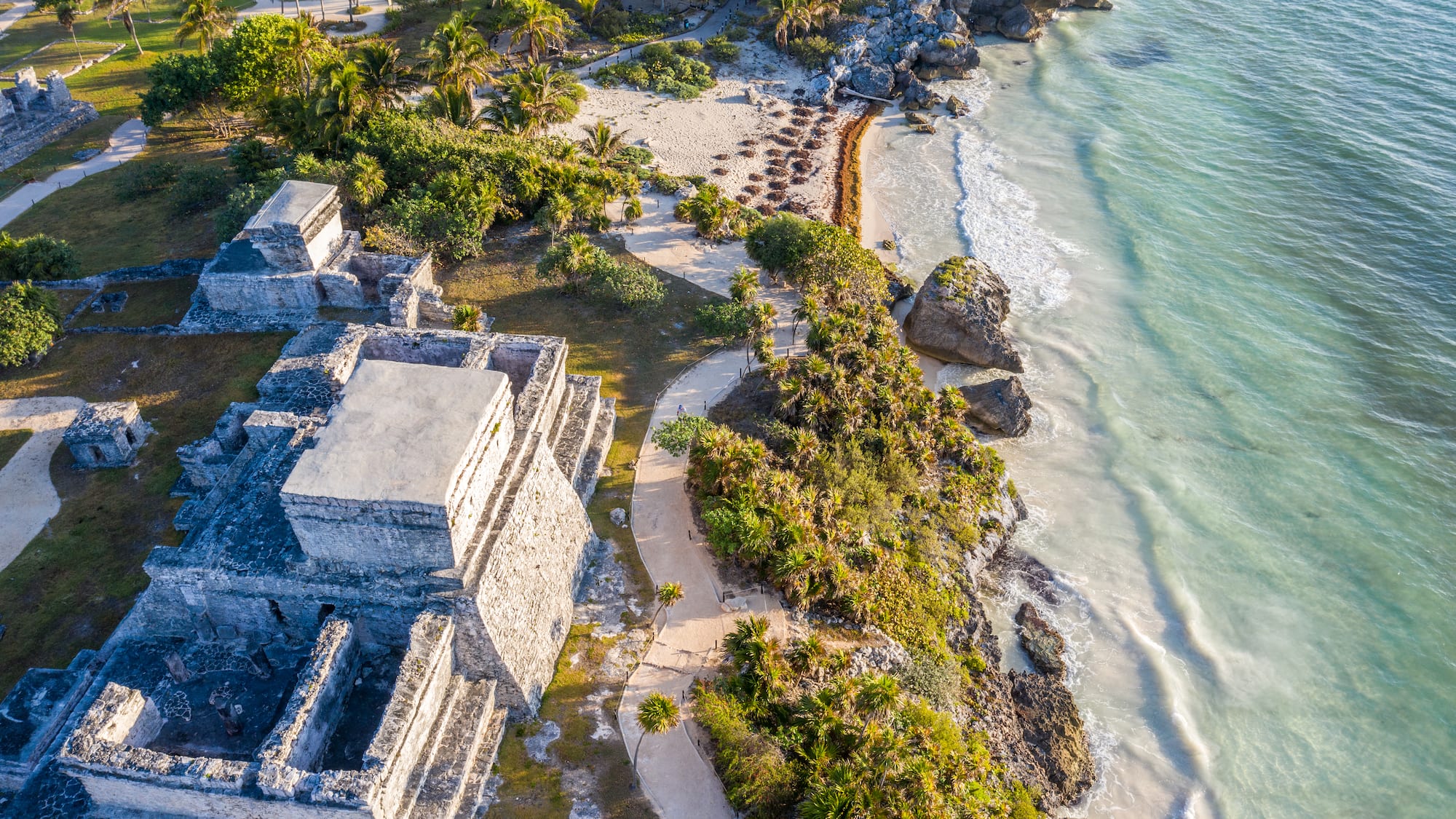 an aerial view of a beach with a building and palm trees